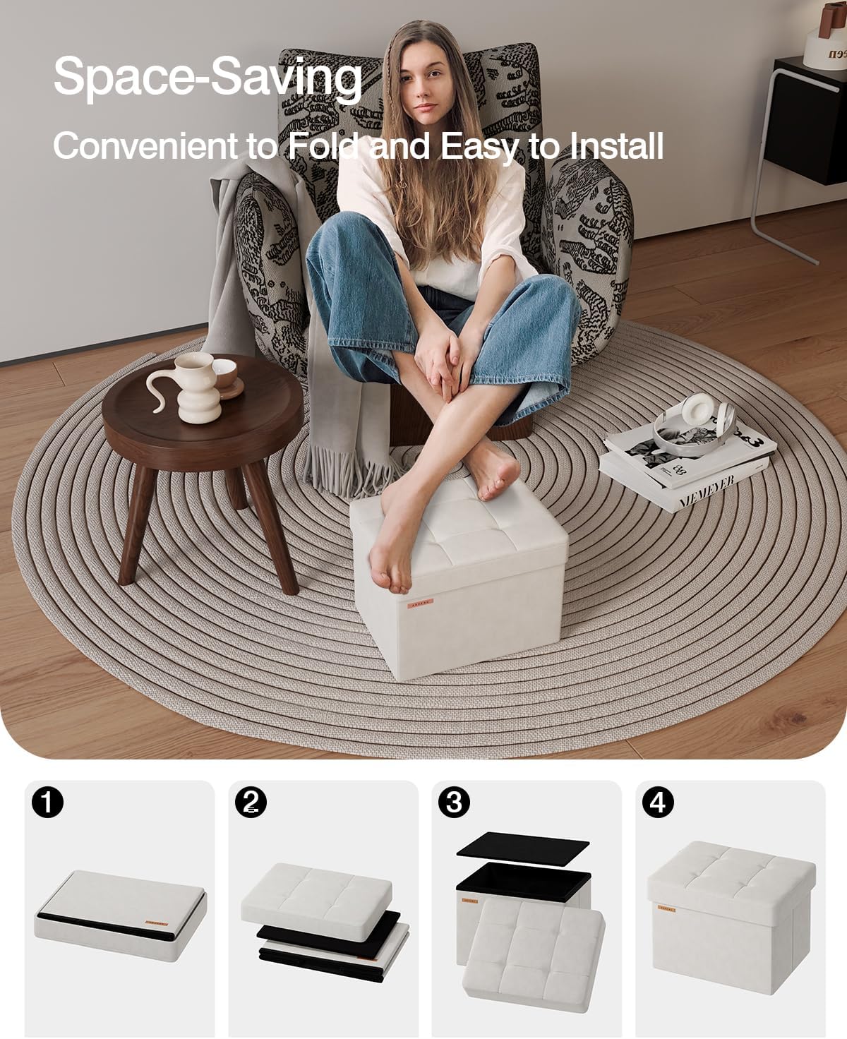 Folding Storage Ottoman, Velvet Storage Bench, Footrest, End Stool, Foot Stool,for Living Room, Bedroom and Office,12.2 x 16.1 x 12.2 Inches, 300 kg Load Capacity,Cream White, UASND03W
