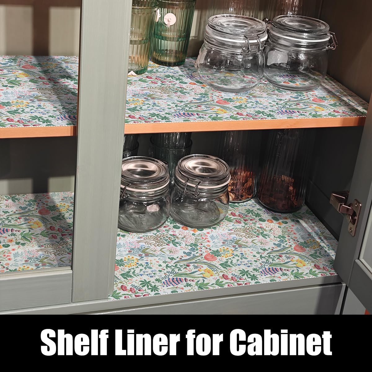 Floral Shelf Drawer Liners, 12IN x 20FT Non Adhesive and Strong Non-Slip Thickened Colorful Cabinet Drawer Shelf Liners for Kitchen Wire Fridge, Waterproof Cabinet Liner,Easy to Clean,