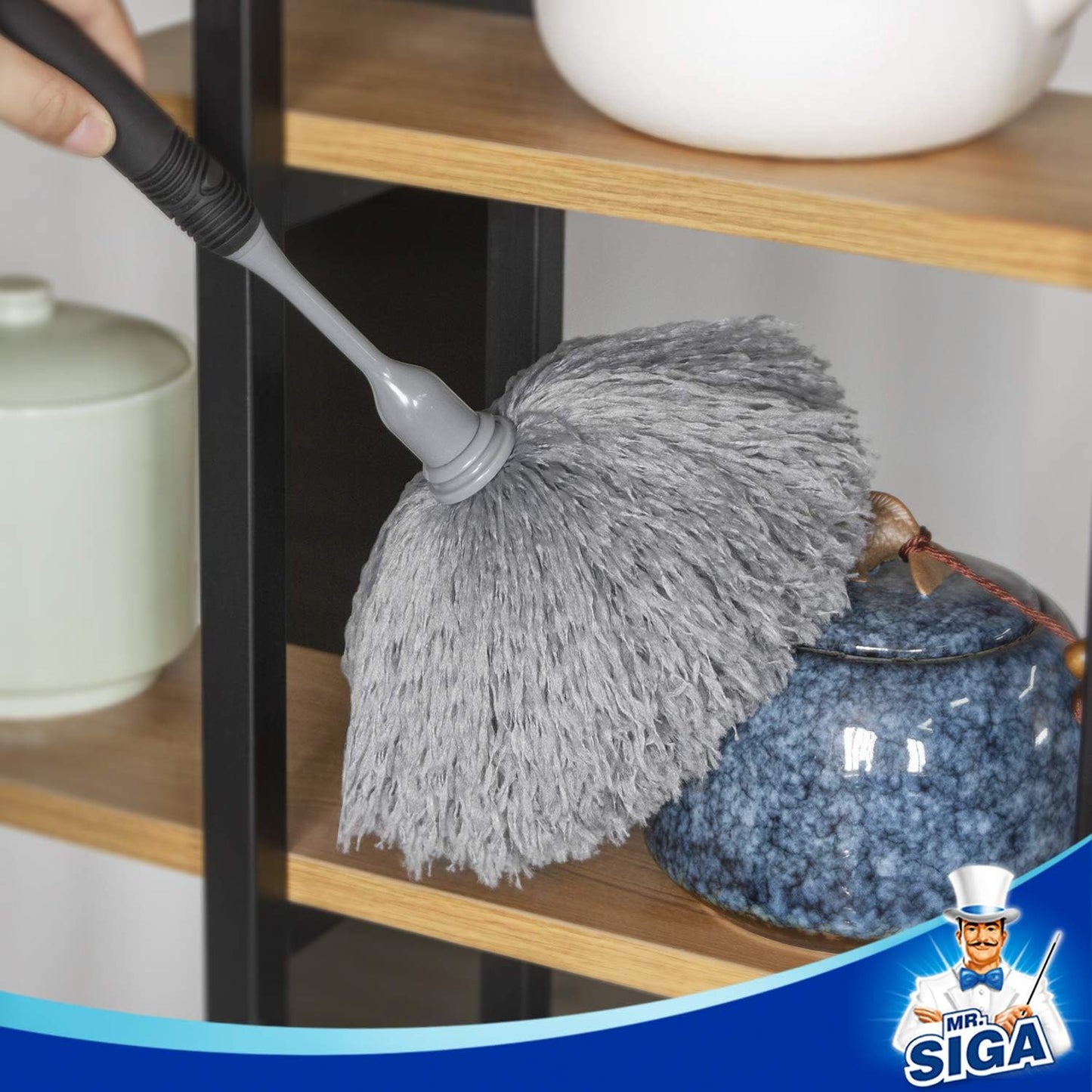 MR.SIGA Microfiber Delicate Duster, Comfortable Non Slip Handle, Detachable Washable Duster Head, Gray & Black