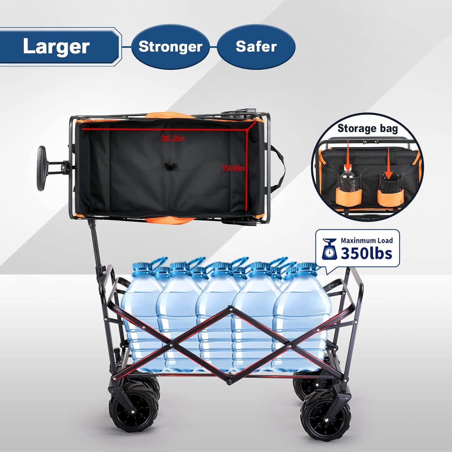 EchoSmile Heavy Duty 350 Lbs Capacity Collapsible Wagon, Outdoor Folding Camping Wagons, Grocery Portable Utility Cart, Adjustable Rolling Carts, All Terrain Sports Wagon with Big Wheels by Boahaus