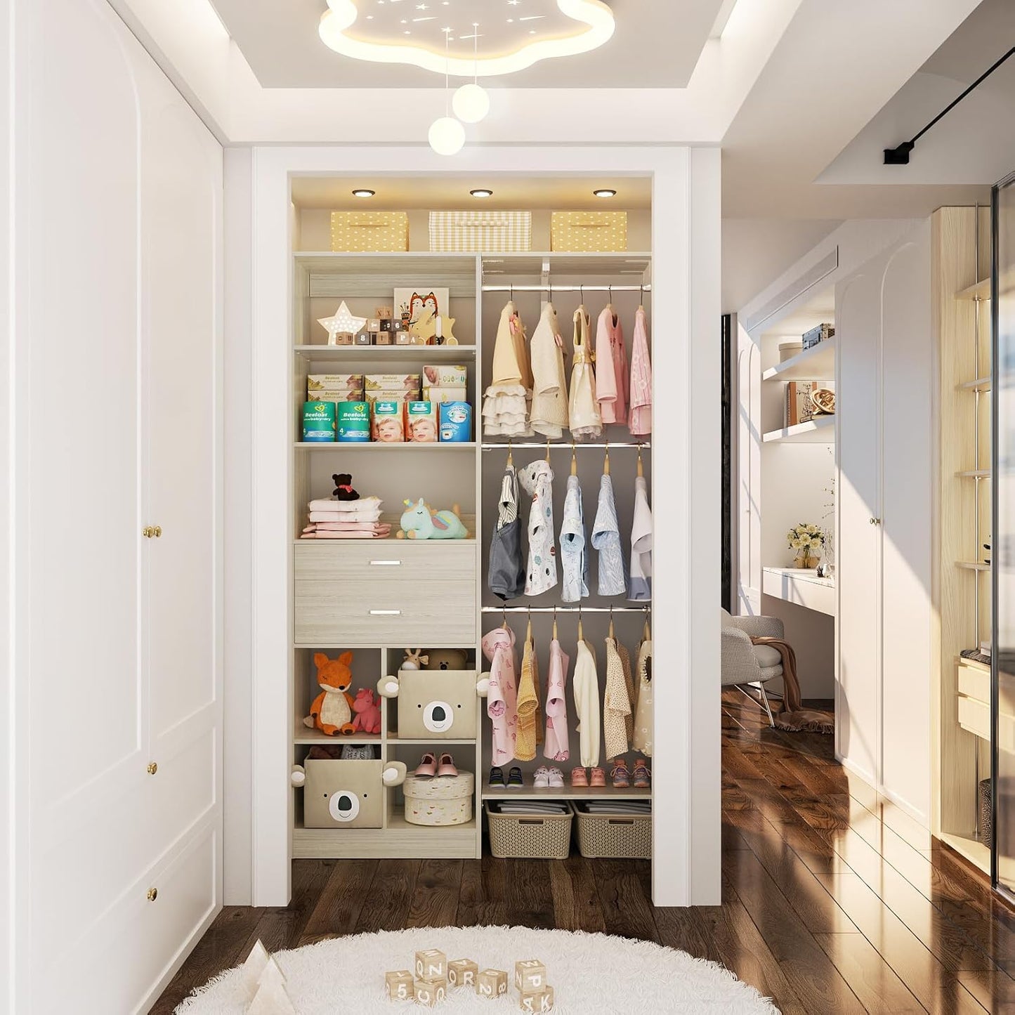 5FT Small Closet System, Baby Closet Organizer System with Wooden Drawers, 60 Inches Walk in Closet System with 5 Hanging Rods and 3 Reversible Hanging Shelving, Greige Oak