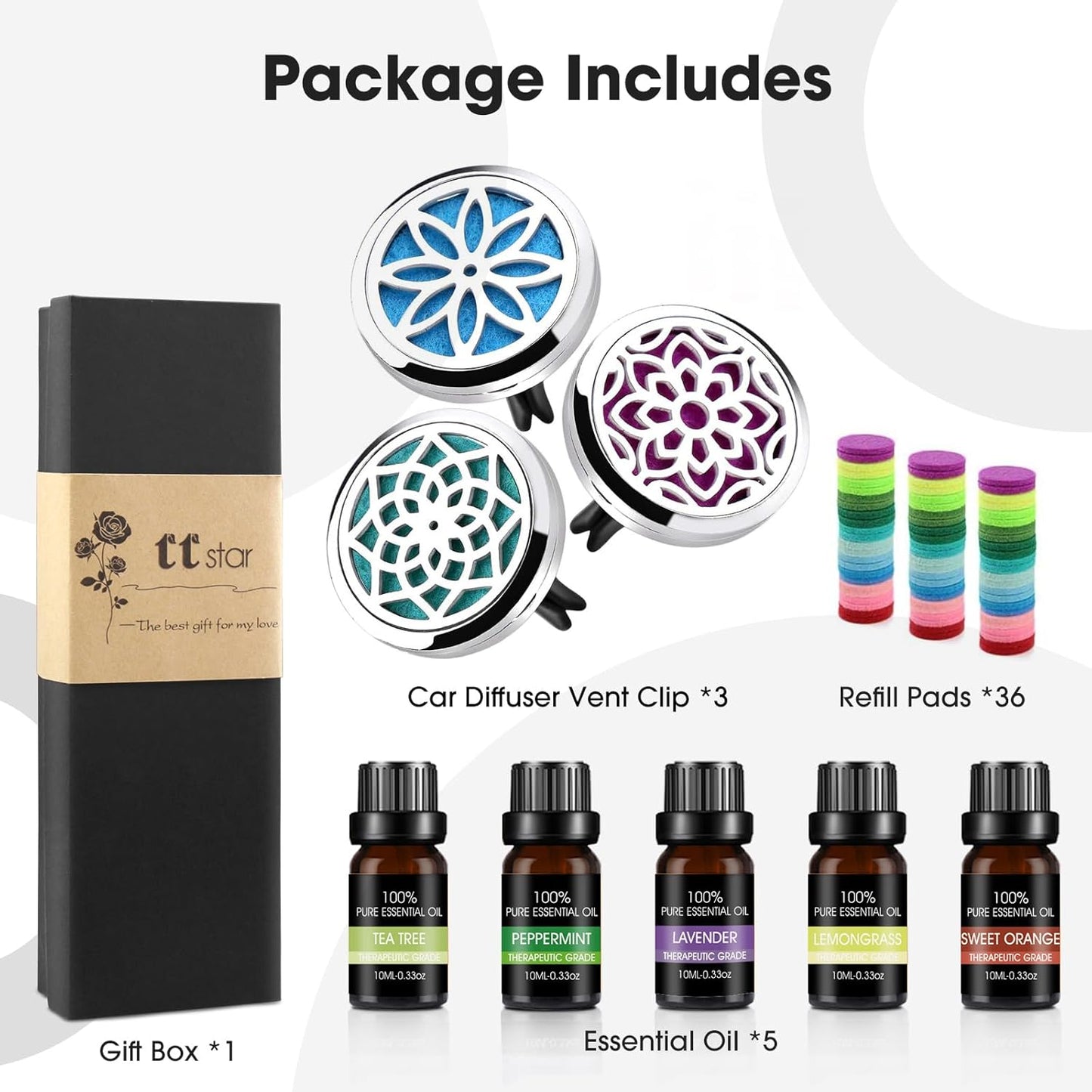 ttstar Car Diffuser Vent Clip - 30mm Aromatherapy Essential Oil, 3 Car Air Fresheners Vent Clips with 36 Refill Pads and 5 Essential Oils Gift for Women
