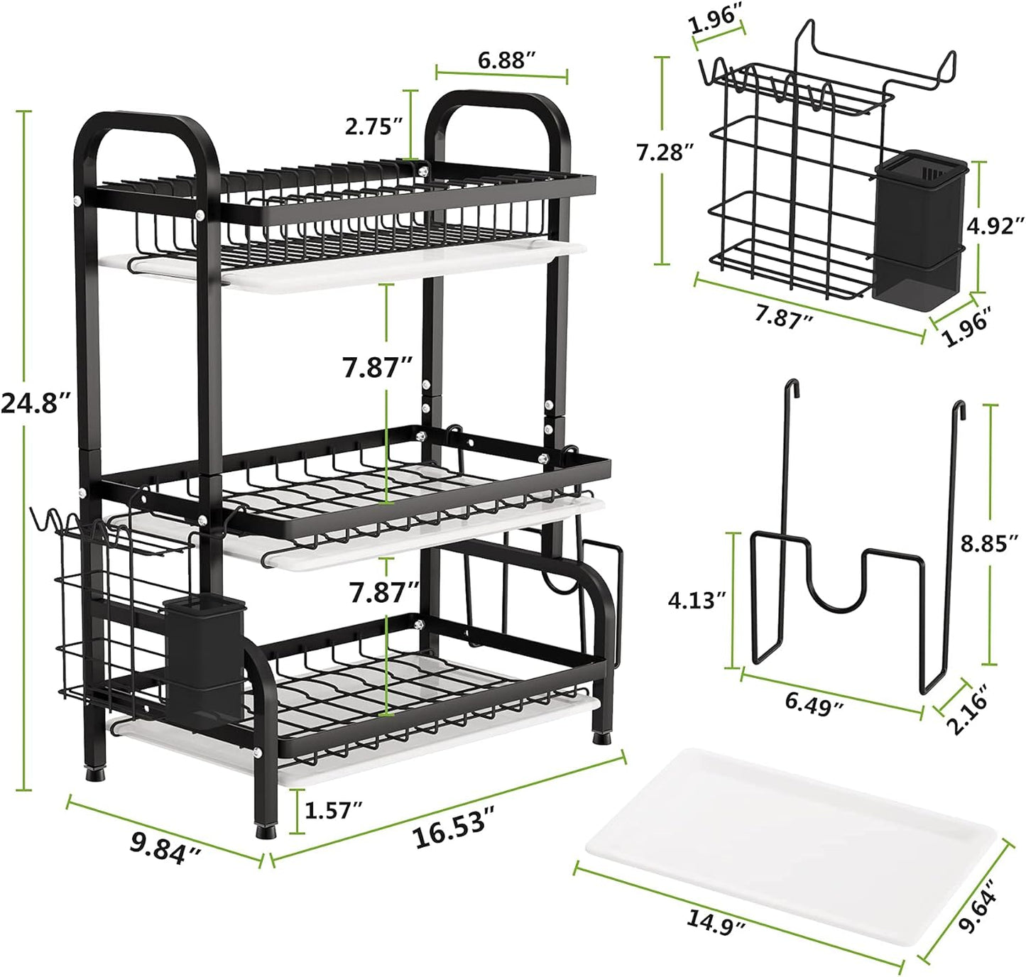 1Easylife Drying Rack, Metal 3-Tier Large Capacity Dish Rack with Utensil Holder, Cutting Board Holder, Drain Board Tray for Kitchen Counter Storage (Black)