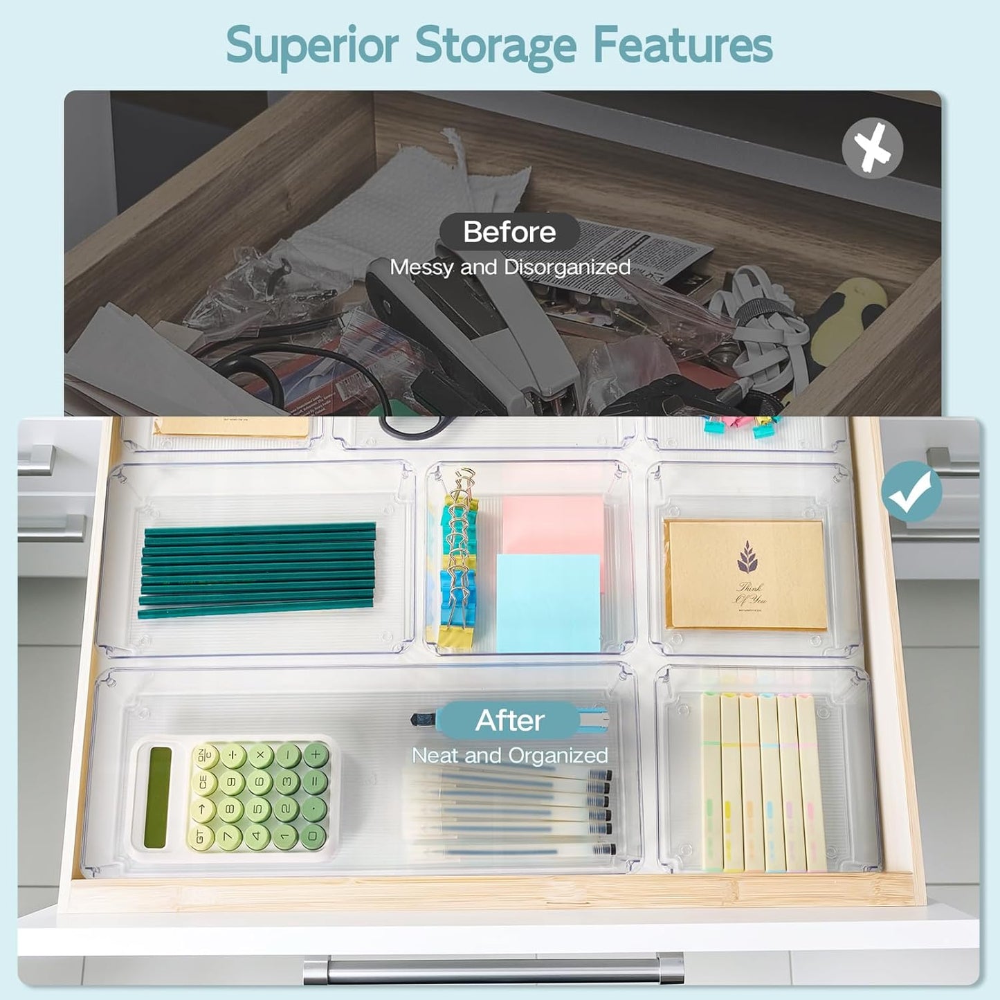 6 Pack Large Clear Plastic Drawer Organizer Trays, Desk Drawer Organizers and Storage Dividers, Non-Slip Storage Bins for Jewelry, Snacks, Office, Bathroom, Bedroom and Kitchen