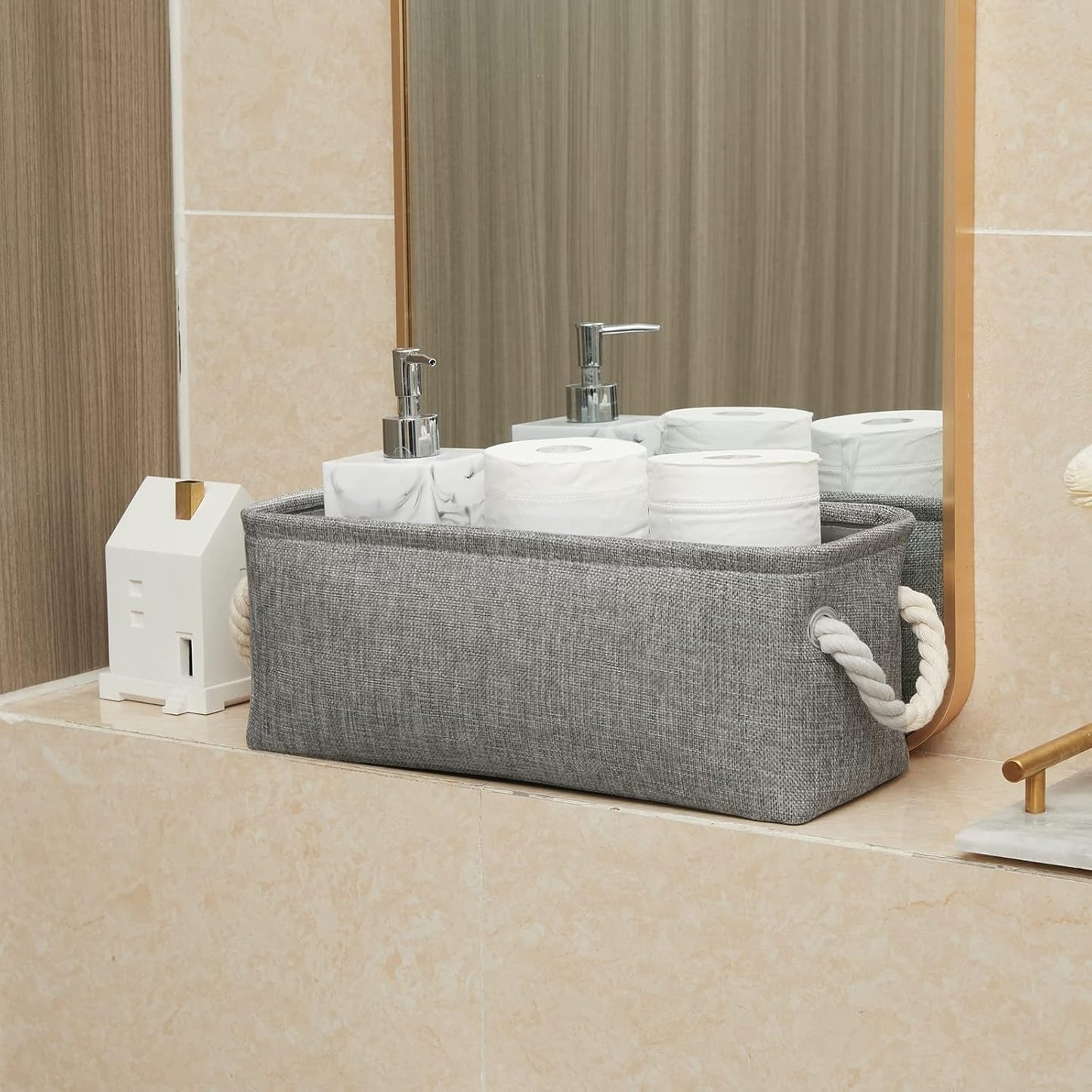 Temary Small Storage Baskets for Organizing, Narrow Baskets for Storage Toilet Paper Rolls, Fabric Baskets with Handles for Closets, Cabinets, Shelves (Grey, 15Lx6Wx5.5H Inches)