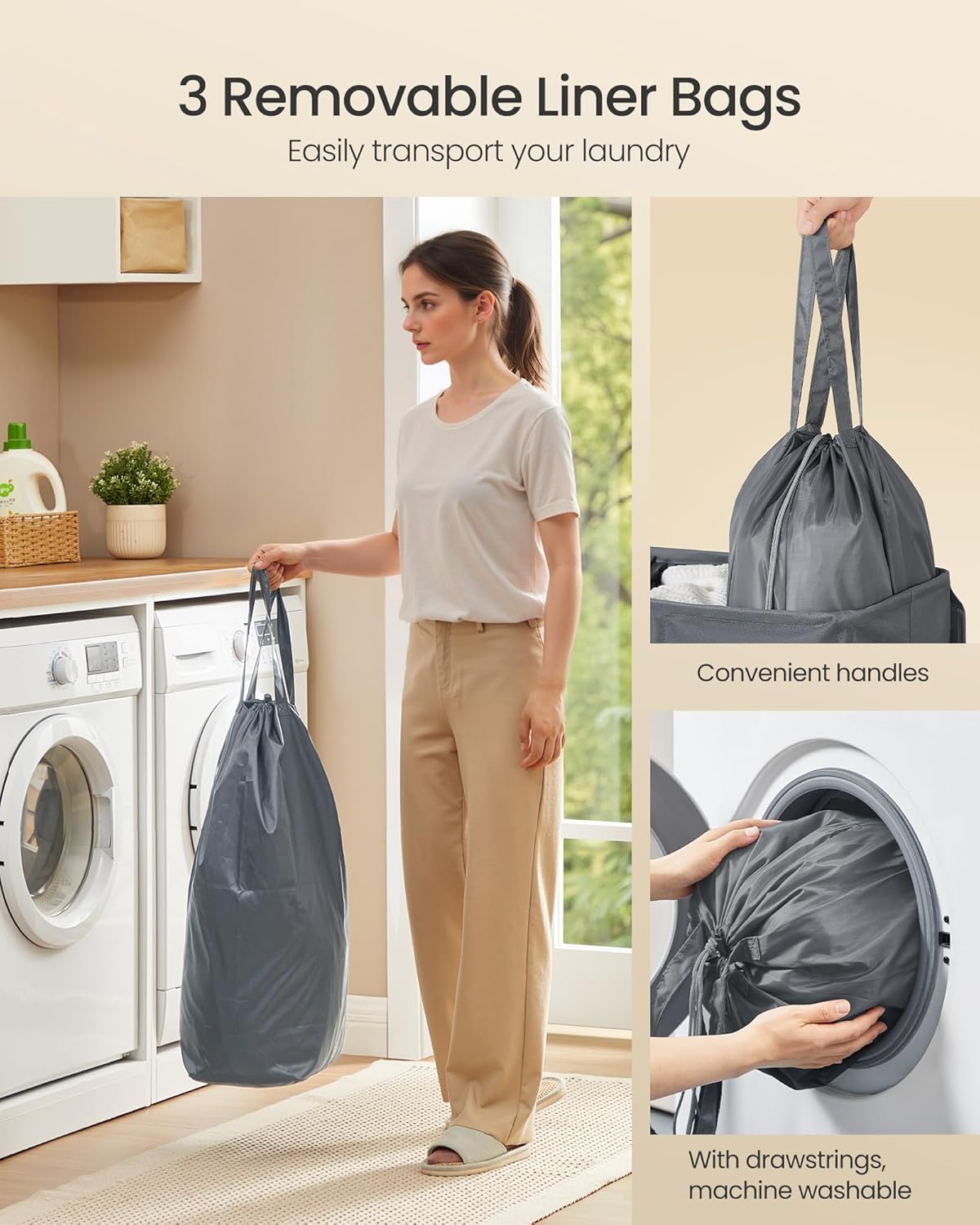 SONGMICS 42.2 Gallon (160 L) Laundry Hamper, 3-Compartment Laundry Basket Sorter with Lid, Labels, Removable Liner Bags, for Bedroom, Dark Gray URLH013G01