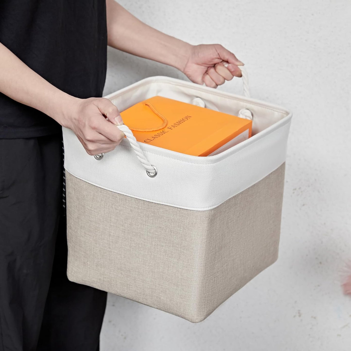 13 x 13 Inch Storage Cubes,6 Pack Cube Storage Bins for Shelves,Fabric Collapsible Storage Bins with Handles, Foldable Storage Basket for Organizing Clothes, Toys, Books (White&Beige)