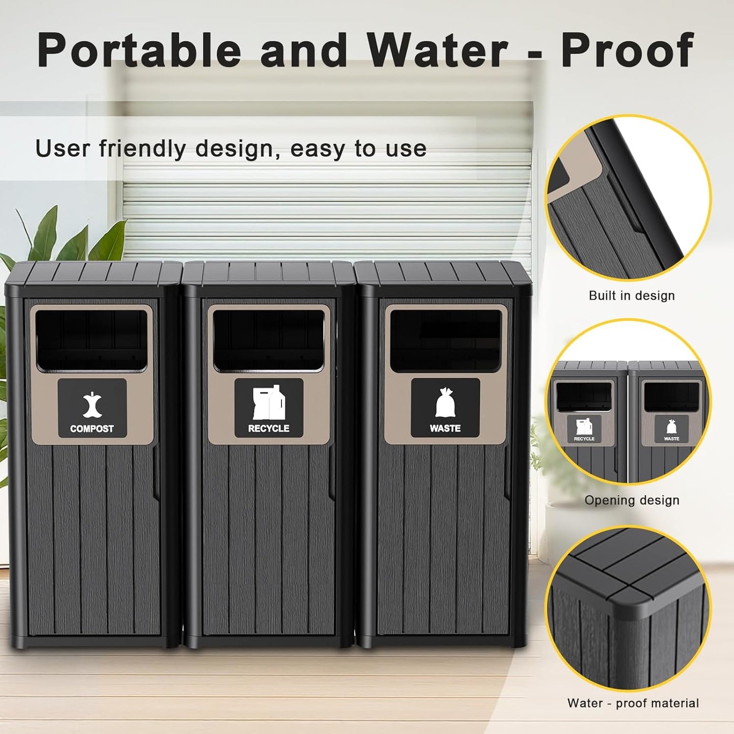Outdoor Three Barrel Trash Can,Waterproof Resin Garbage Can with Garbage Labels,Durable Waste Bin for Porch, Backyard,Kitchen,for 30 to 39 Gallon Trash Bags