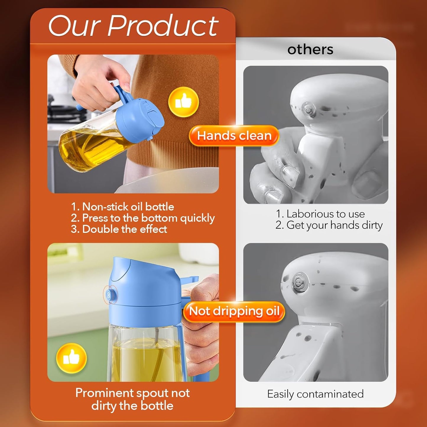 YARRAMATE 16oz/470ml Glass Olive Oil Sprayer for Cooking with Stickers, 2 in 1 Oil Dispenser for Kitchen Gadgets, Food Grade Premium Spray Bottle with Portion Control for Salad, BBQ(SkyBlue)