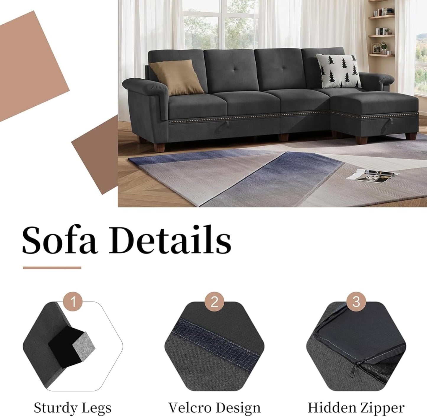 JAMFLY 108" Modular Sectional Sofa with Storage, L Shaped Sofa Couch with Reversible Ottoman, 4-Seat Convertible Sectional Couches with Cup Holders for Living Room, Apartment, Black