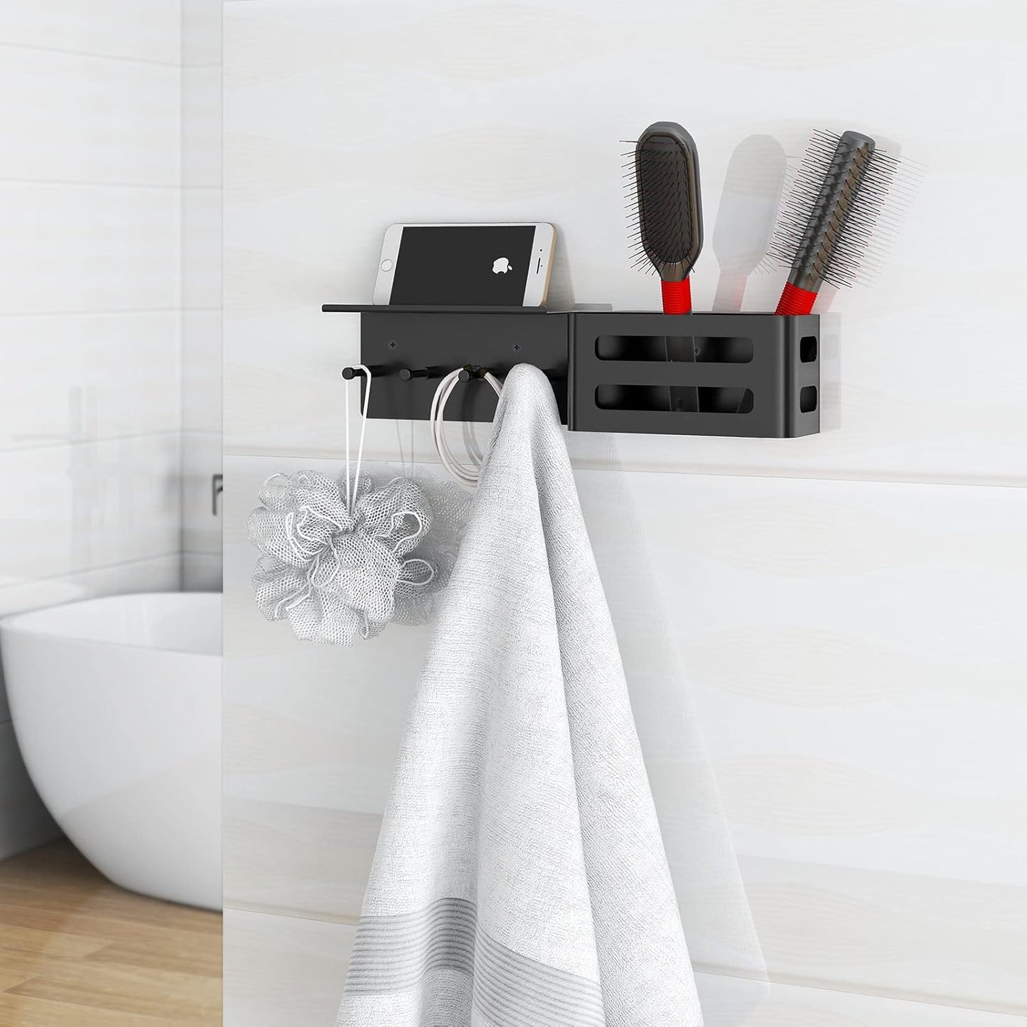 MKO Key Holder for Wall, Mail Organizer Key Rack with Tray, Key Holder Adhesive Wall Mount, 4 Hooks(Black)