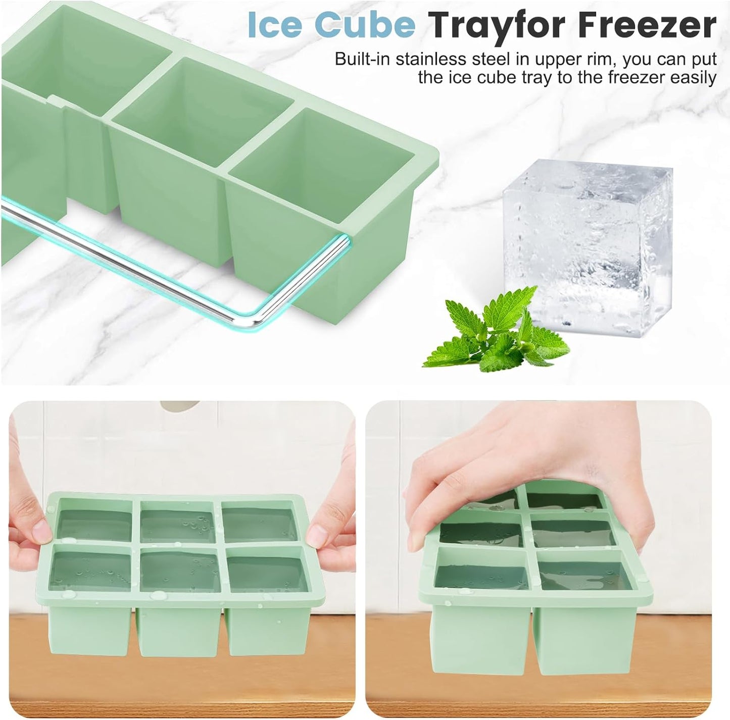 Large Silicone Ice Cube Tray 3Pack, SAWNZC Big Square Ice Cube Molds for Whisky Cocktail, Ice Maker Tray with Lid for Freezer, Easy Release (3, Blue+Green+Purple)