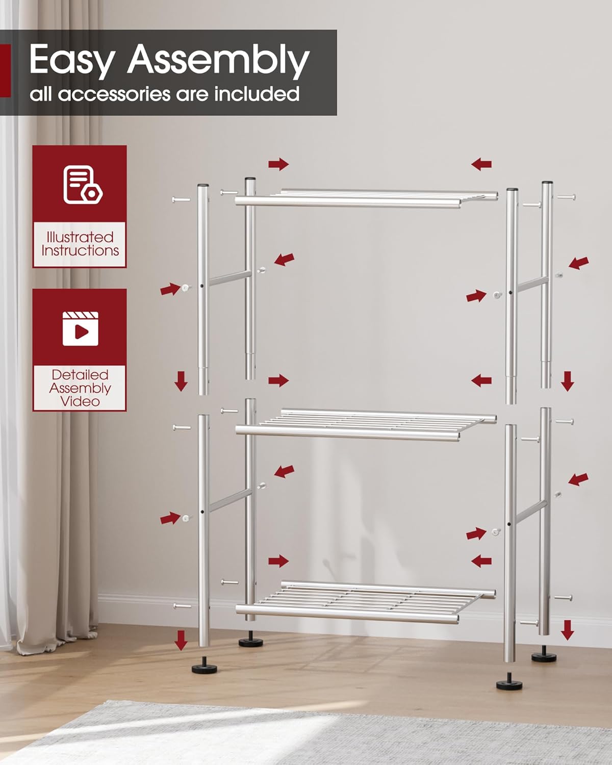 Storage Shelves - 3 Tier Shelf Organizer, Sturdy Metal Shelving with Adjustable Leveling Feet, Space-Saving Shelves Organizer for Pantry, Laundry, Kitchen (18" x 12" x 30", Silver)