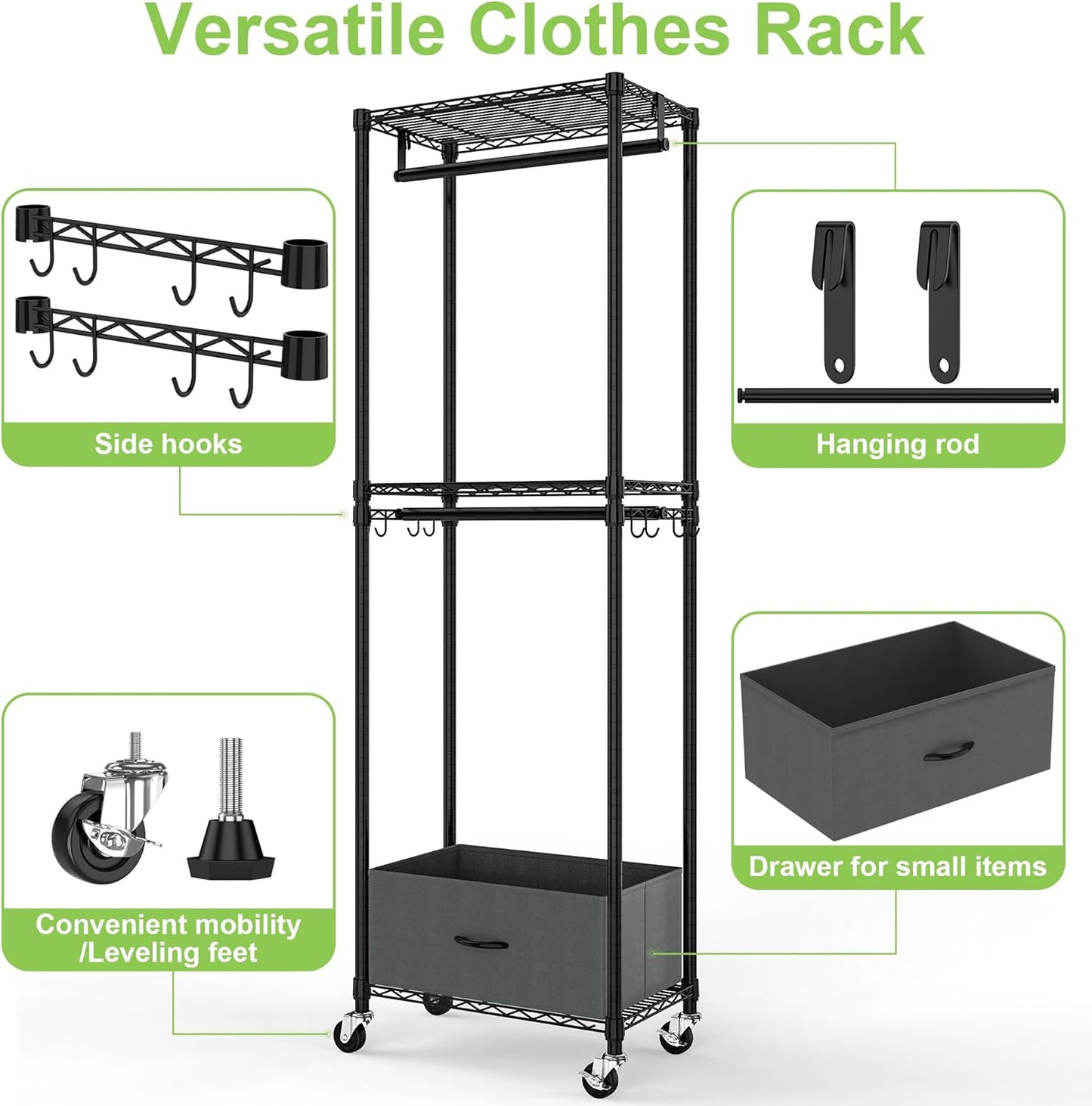 Clothes Rack with Drawers, Freestanding Rolling Garment Rack for Hanging Clothes, Closet Organizer Adjustable Metal Wire Shelving Wardrobe with Rods Portable Closet Shelf with Wheels, Black