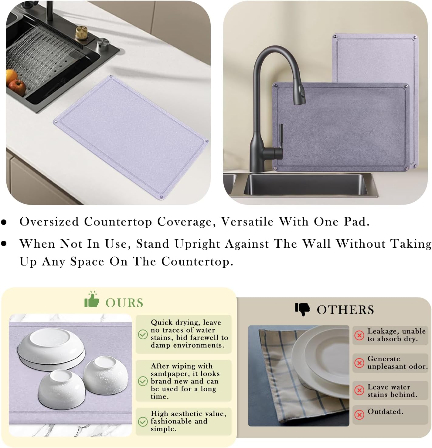 Large Diatomaceous Earth Stone Dish Drying Mats for Kitchen Counter,24"×16",Quick Drying,with 4 Non-Slip Stainless Steel Feet, Suitable for Various Countertops, Bowl Racks, Dark Grey