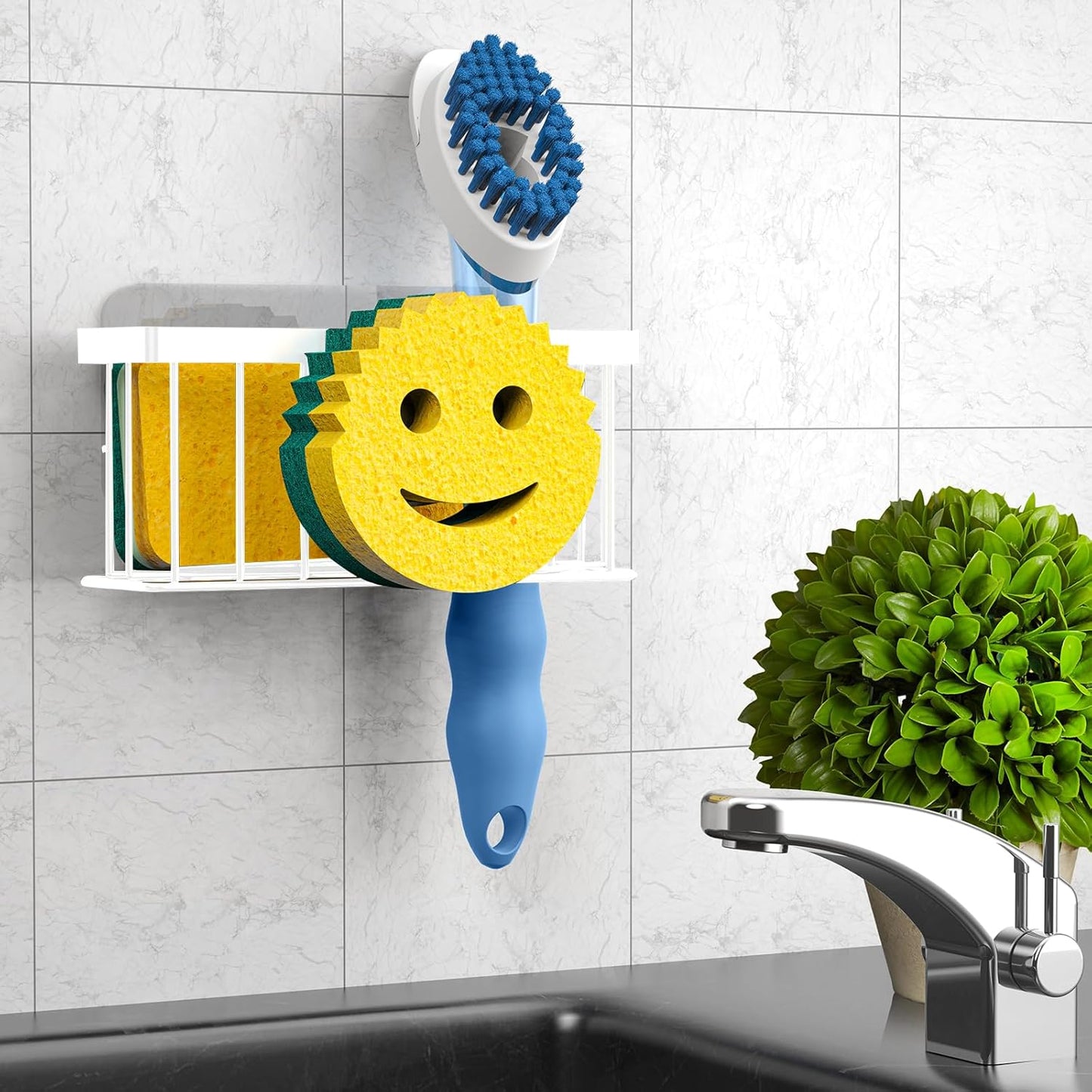 Sponge Holder Smiley Face,Sink Caddy,Sink Organizer with 2 Suction Cups/1 Adhesive Strips,Designed for Sponge,Soap,Dish Brush,Scrubber - White