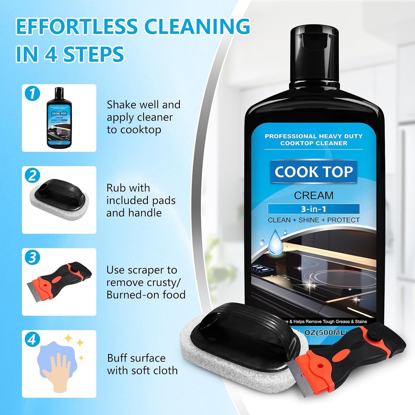 Cooktop and Stove Top Cleaner Kit, Glass Cooktop Cleaner Combo Kit with Razor, Scraper, Scrubbing Pad Removes Tough Stains, Stovetop Cleaner for Glass and Ceramic Surfaces,17OZ