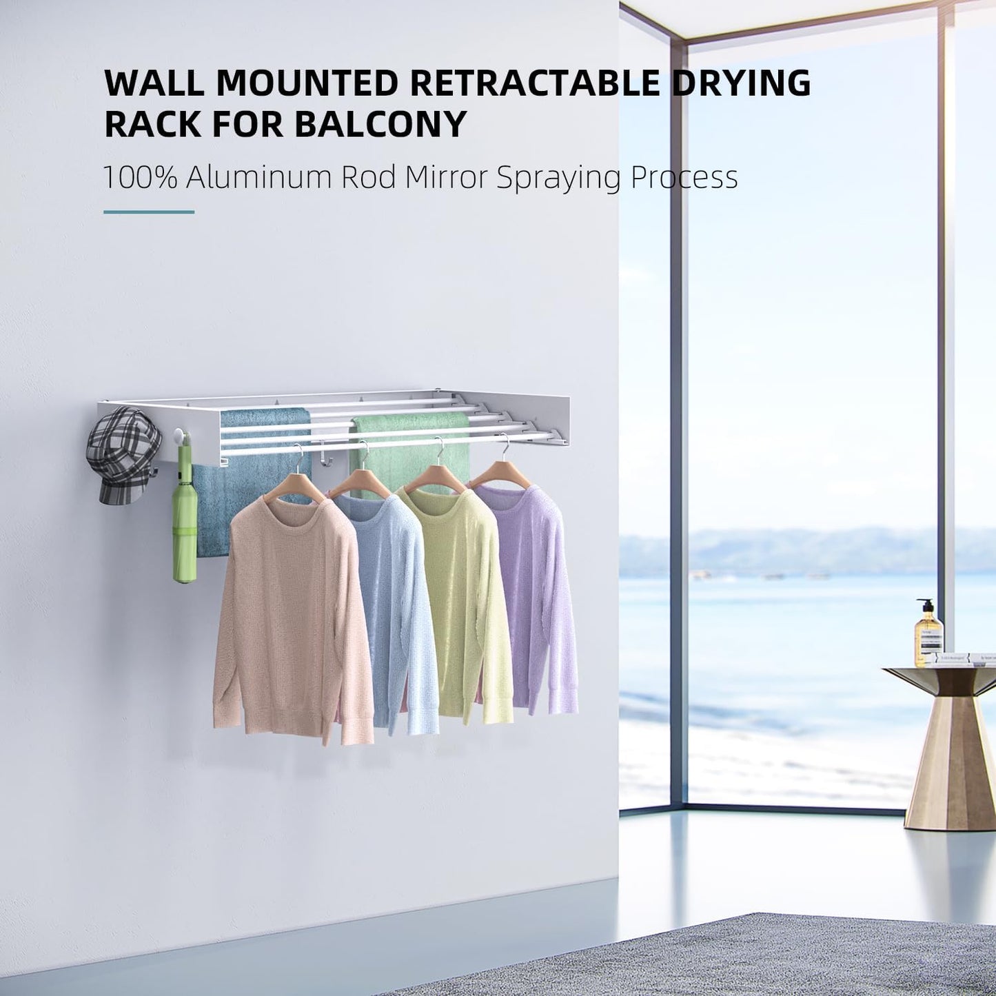 Drying Rack Clothing,Clothes Drying Rack Wall Mounted,Laundry Drying Rack Wall Mount,Foldable,Collapsible,60 lb Capacity 5 Aluminium Poles with 12 Hooks,Space Saving Clothes Drying Rack,White 40"