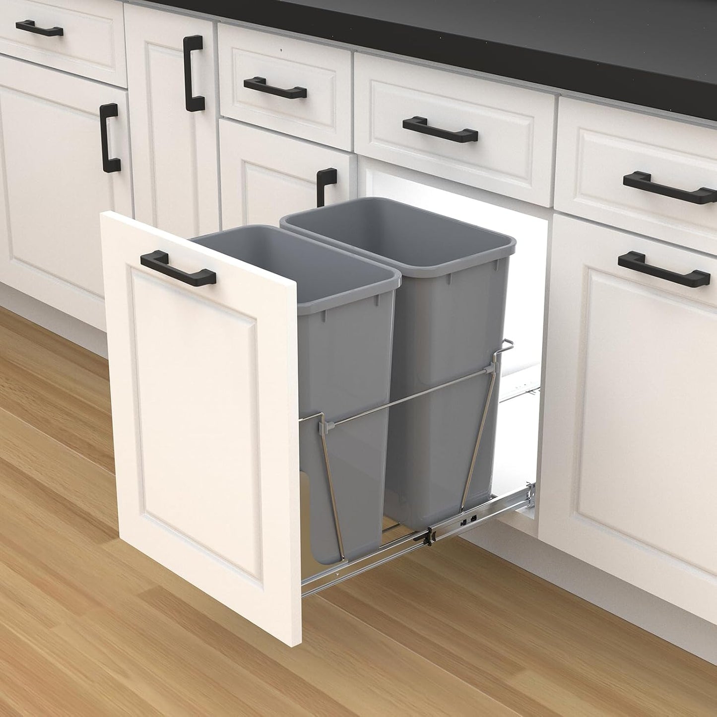 Double Pull-Out Trash Can for Under Kitchen Cabinets Include Double 35QT Trash Bin Doesn't Include Door Fittings, Bottom-Mount Recycling Bin