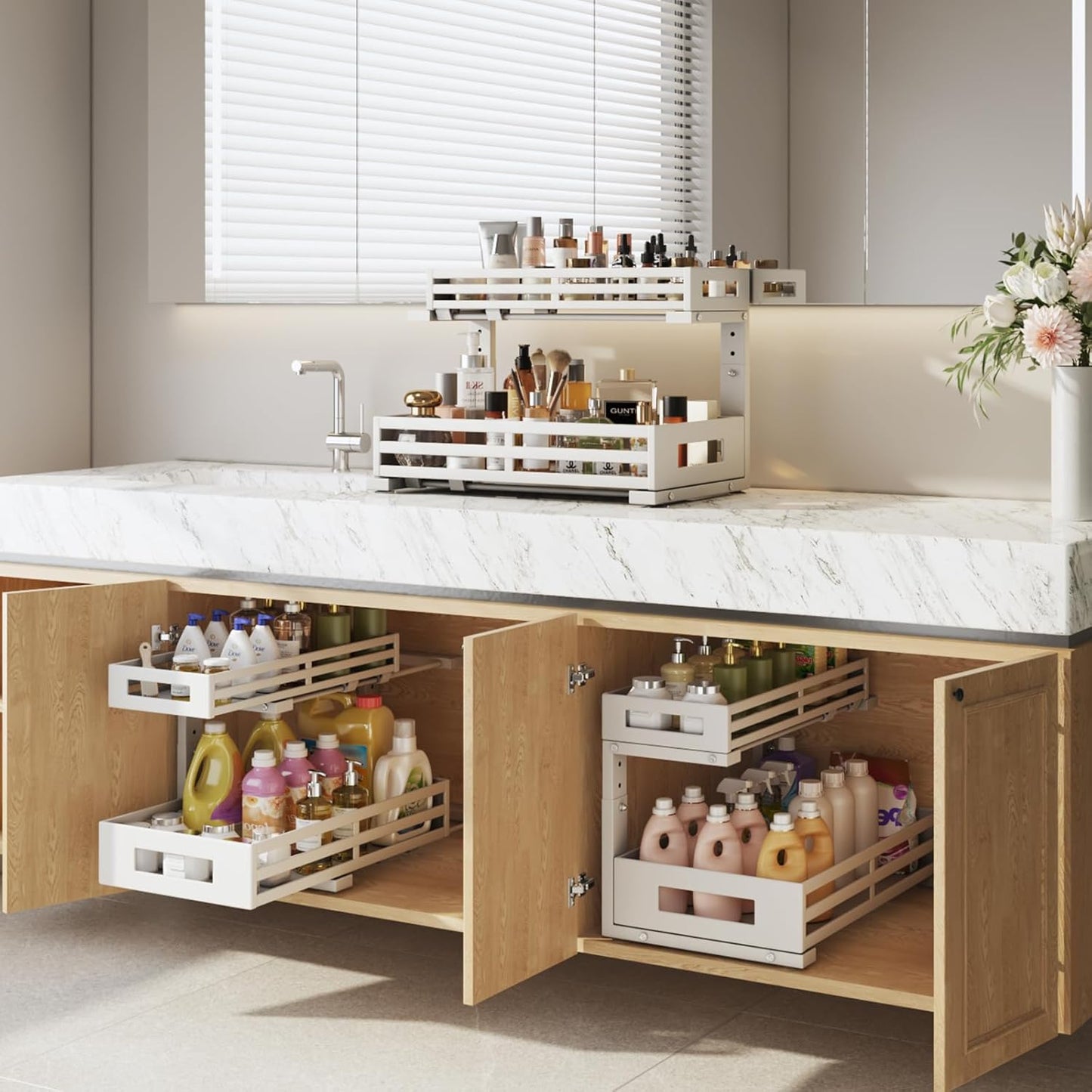 2-Pack 17"Deep Under Sink Organizer And Storage, 2-Tier L-Shaped Pull Out Cabinet Organizer with Upgraded Slide Rails, Height Adjustable Drawers for Kitchen&Bathroom, Extra-Large Storage Shelves–Gray