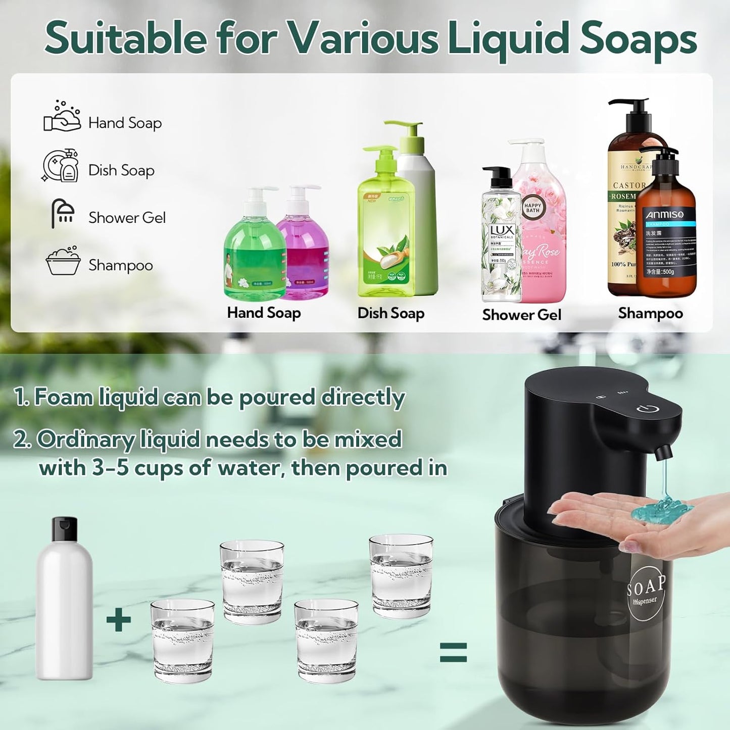 2 Pack Automatic Soap Dispenser, Touchless Automatic Liquid Soap Dispenser, Electric Wall Mounted Dispenser, 13.5oz/380ML USB Rechargeable with 4-Level Adjustment for Bathroom, Kitchen & Office