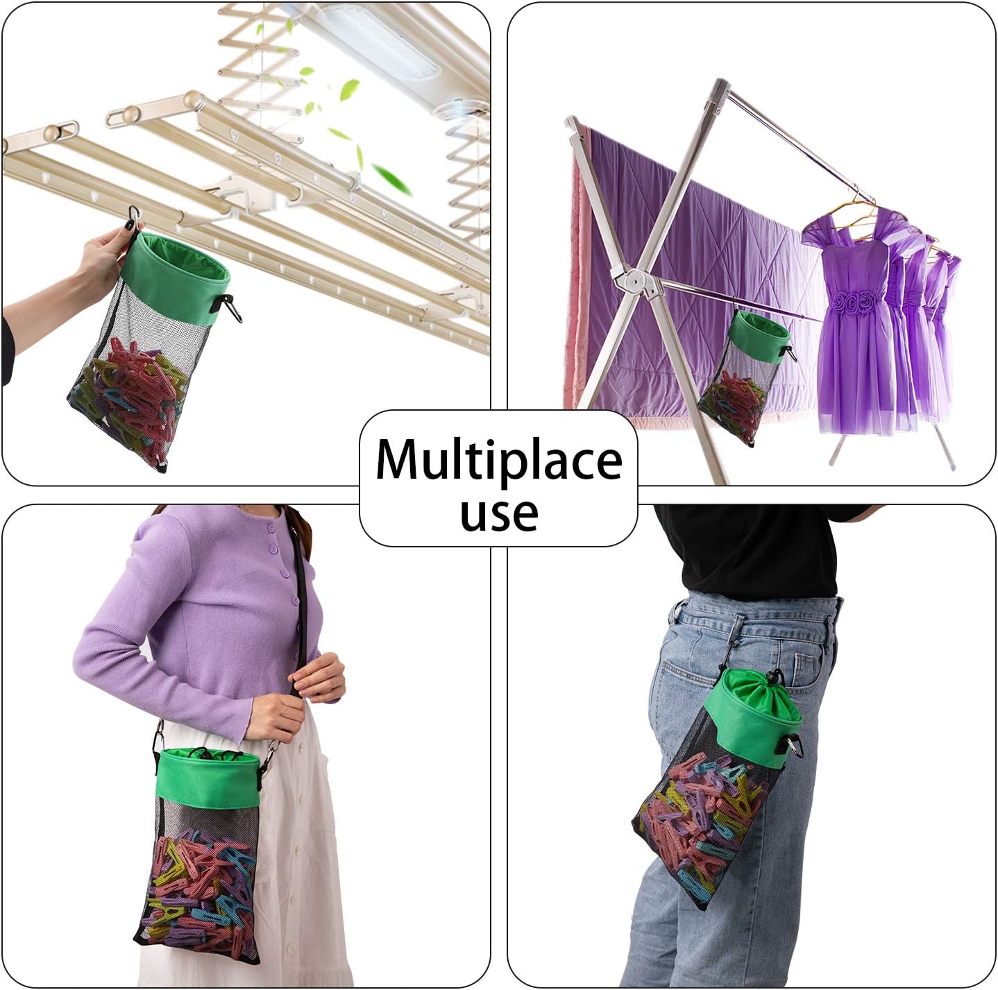 Mesh Clothespin Bag with Hooks Hanging Clothes Pin Bag with Drawstring Closure Clothespin Holder, Ventilation and Moisture Resistance, Storage Organizer, Machine Washable (Green)