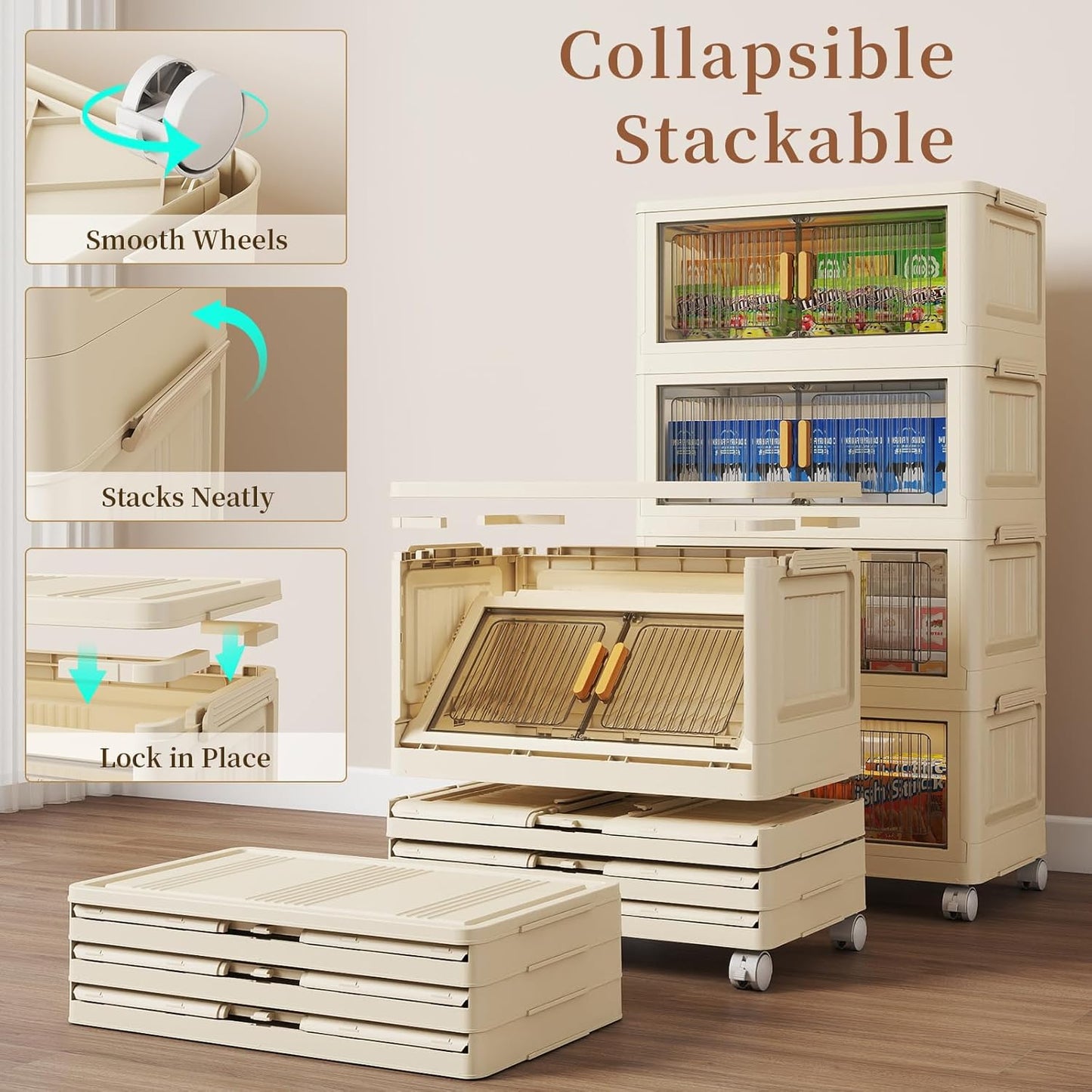 4 Tier Stackable Plastic Storage Bins with Lids 48QT, Collapsible Closet Organizers and Storage with Wheels for Living Room,Office,Dorm