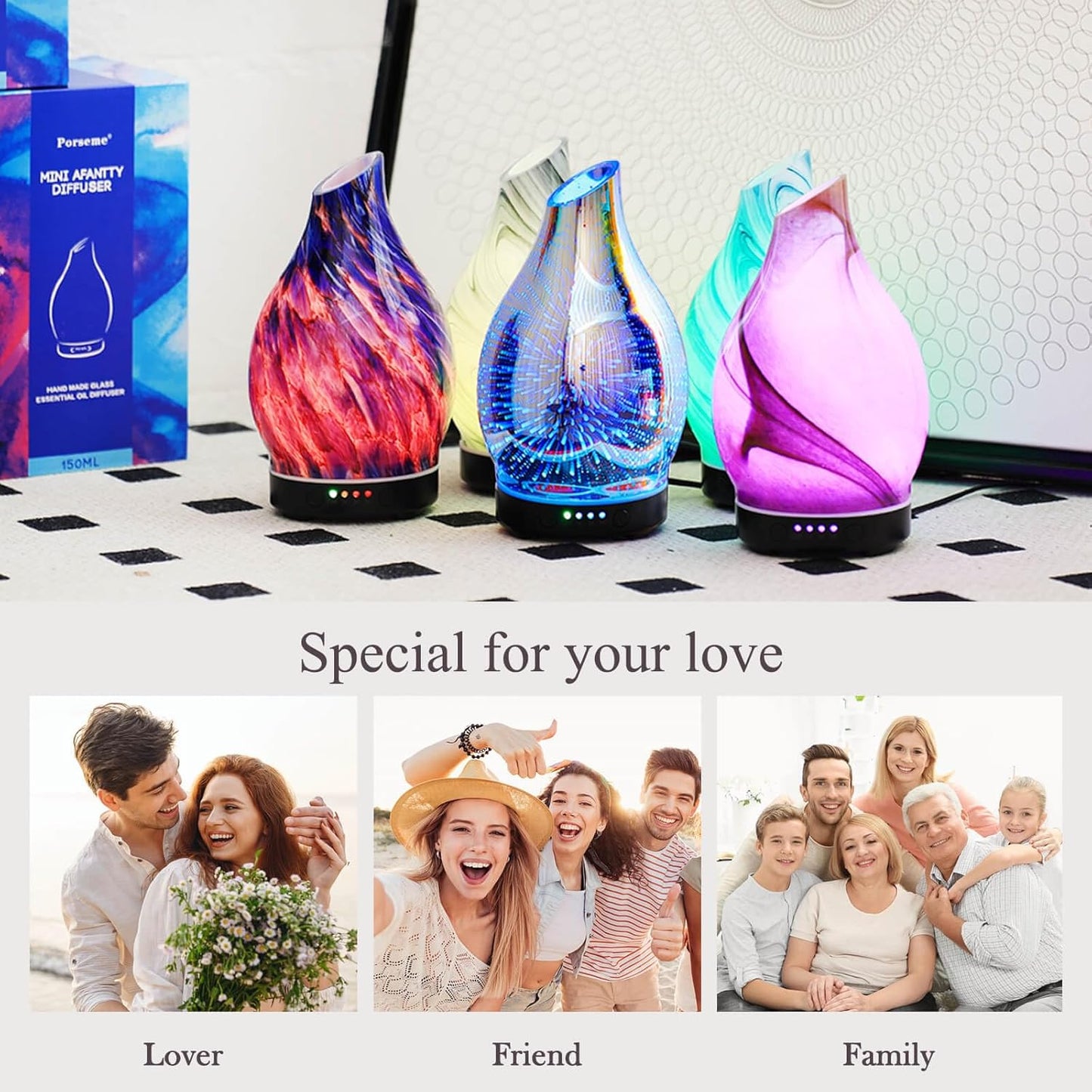 Porseme 150ml Essential Oil Diffuser Glass Color Changing Aroma Air Diffusers Aromatherapy Ultrasonic Cool Mist Humidifier 6 Running Hours Waterless Auto-Off for Sleeping Yoga Office (Mini Blue Ink)