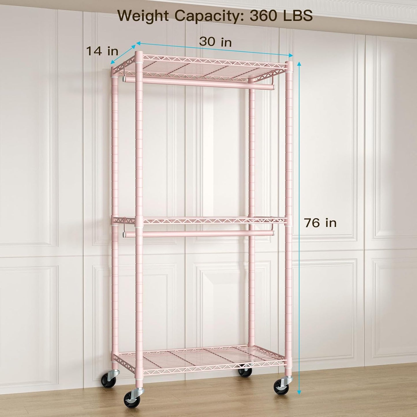 FUTASSI P1 Medium Heavy-Duty Portable Closet, 30" W x 14" D x 76" H, Metal Rolling Clothing Rack, Pink