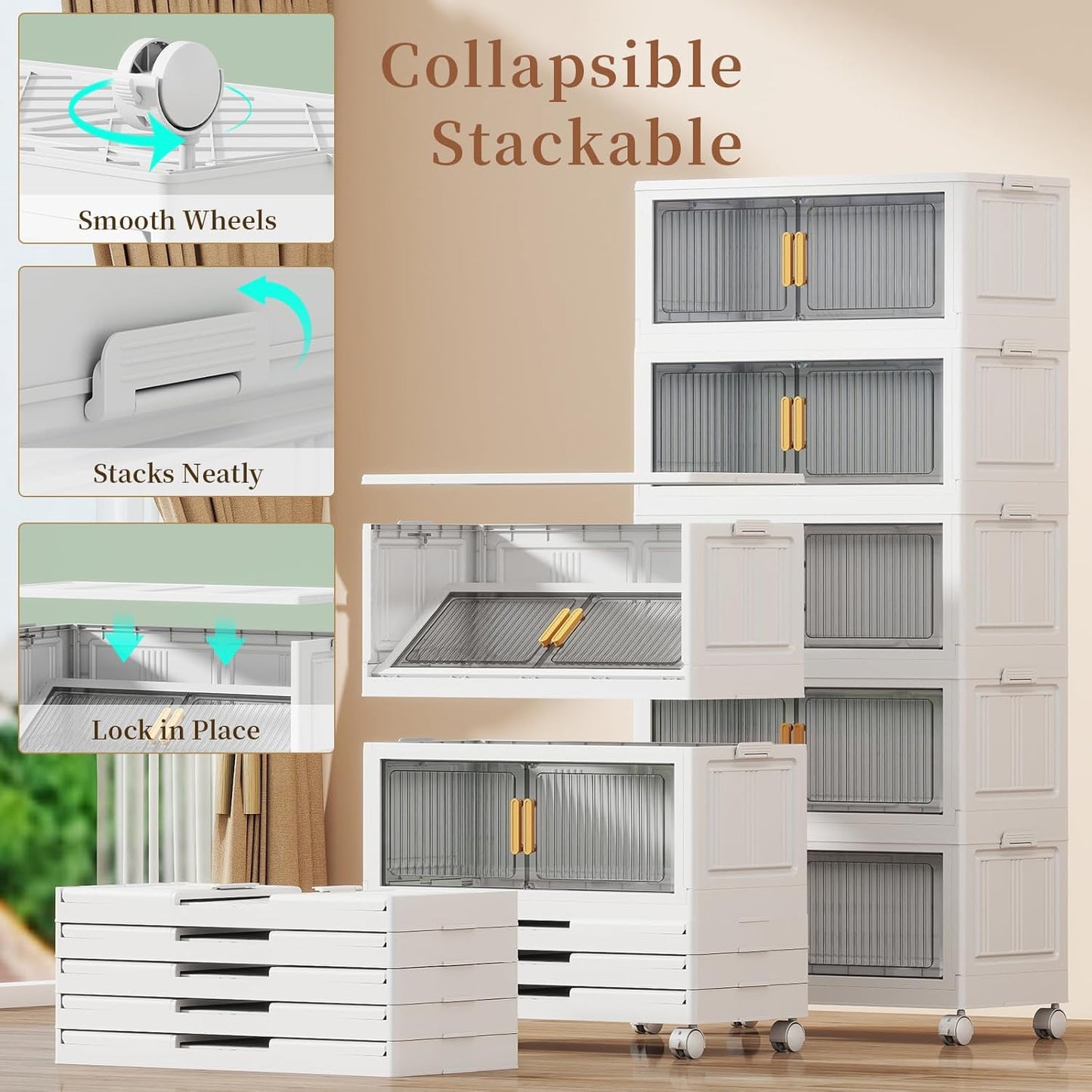 125Gal Stackable Plastic Storage Bins with Lids, Collapsible Closet Organizers and Storage with Wheels for Living Room,Office,Dorm, 30.5" W x 14.6" D x 64.6" H, 5 Tier