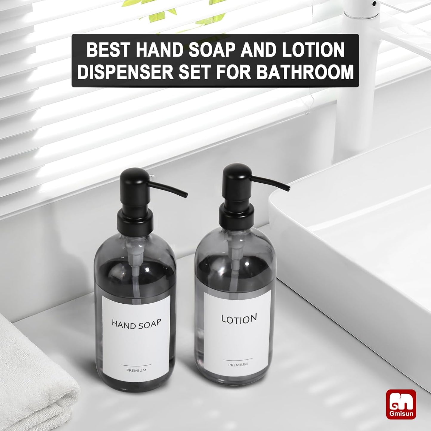 GMISUN Black Soap Dispenser, 2 Pack Hand Soap Dispensers for Bathroom, 17 Fl Oz Dish Soap Dispenser for Kitchen with Stainless Steel Pump, Modern Liquid Soap Bottle Set