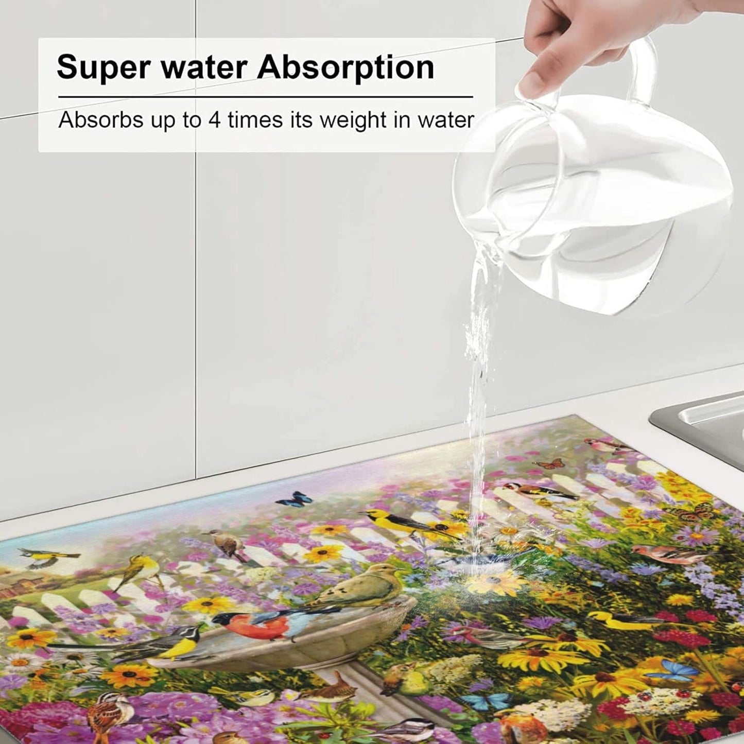 Spring Colorful Birds flowers butterfly Absorbent Microfiber Xl Dish Drying Mat For Kitchen Countertop Extra Large Reversible Drainer Rack Pad 18 X 24 Inch