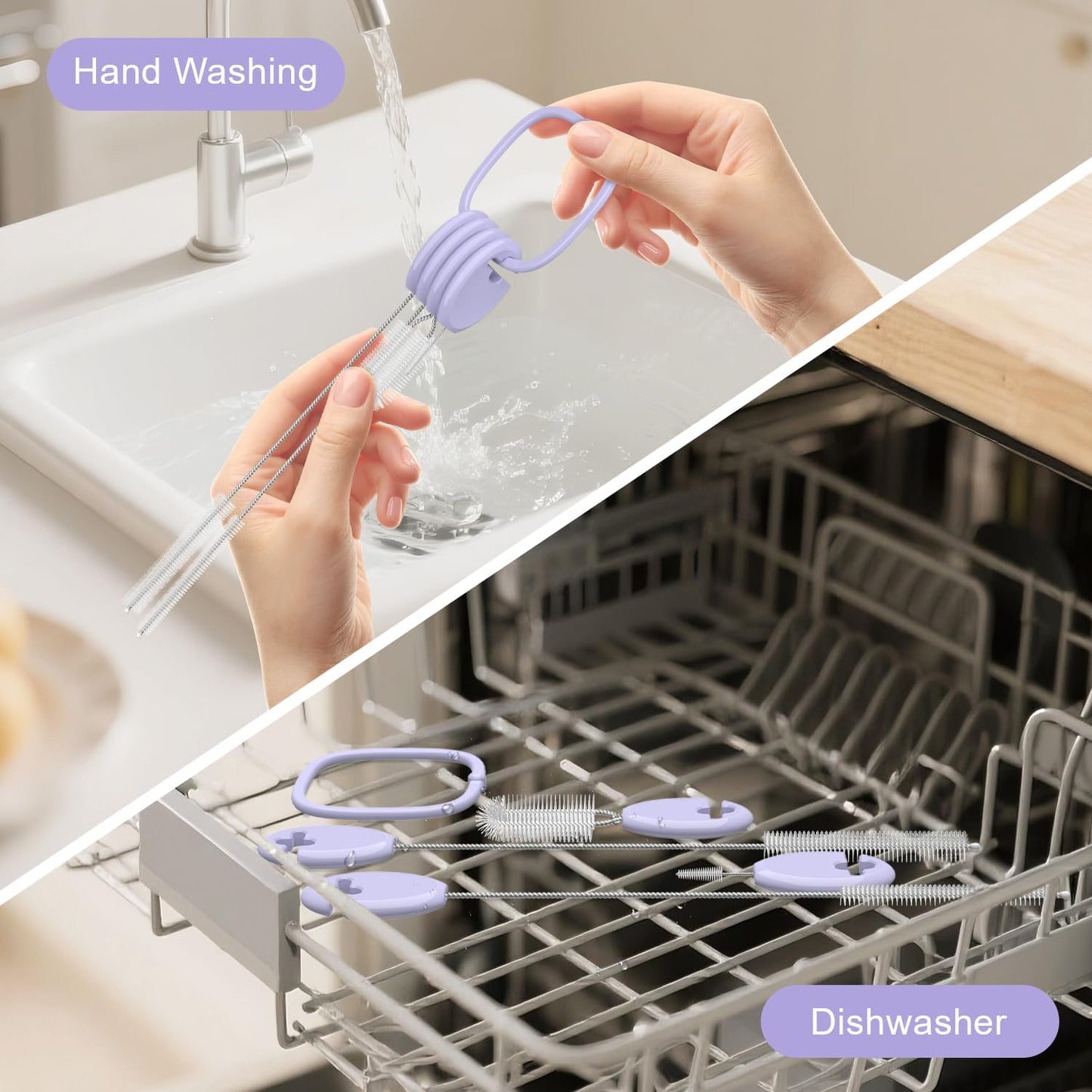 YOTIME Standing Straw Cleaner Brush Set, 4in1 Reusable Straw Brushes with Holder Ring, for Wide and Narrow Straws, Tumblers, Water Bottles and Cups, Purple