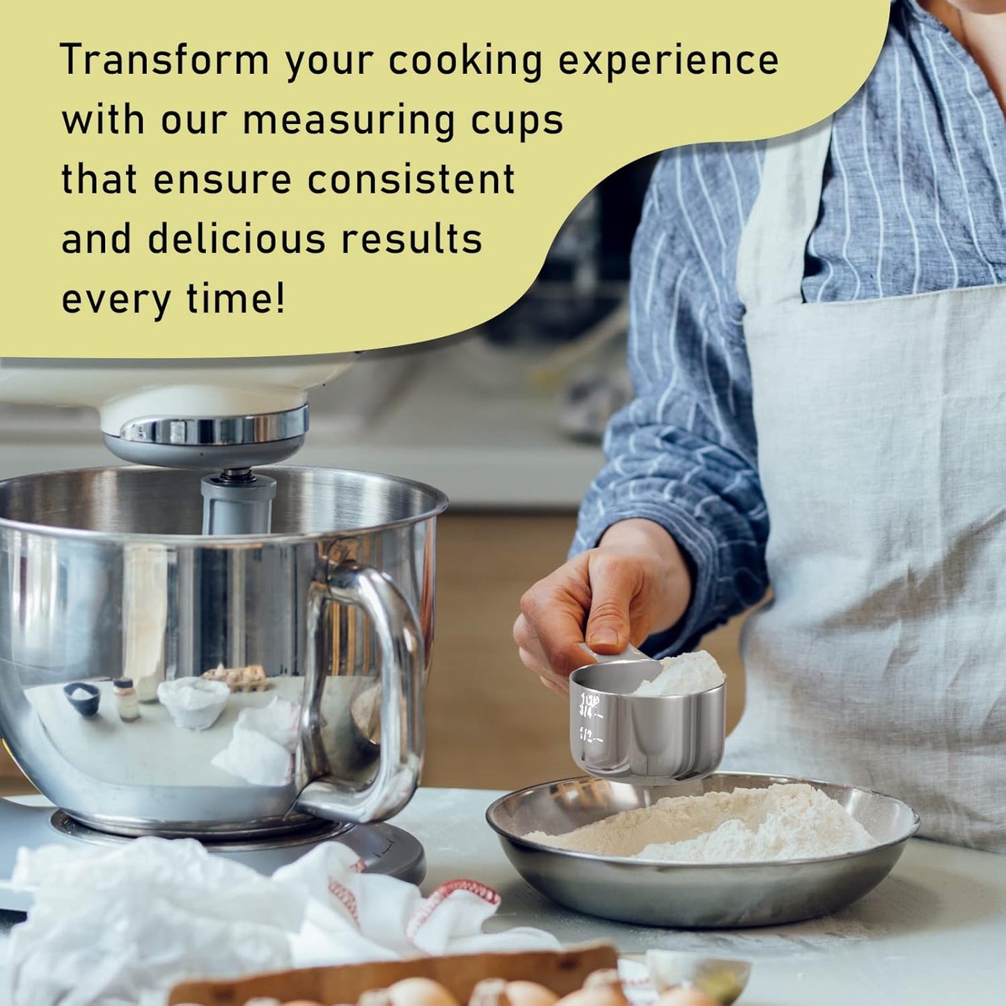 4PCS 1Cup (240ml, 8oz) Single Measuring Cup, Stainless Steel Measure Scoop, Metric and US Measurement, Dishwasher Safe