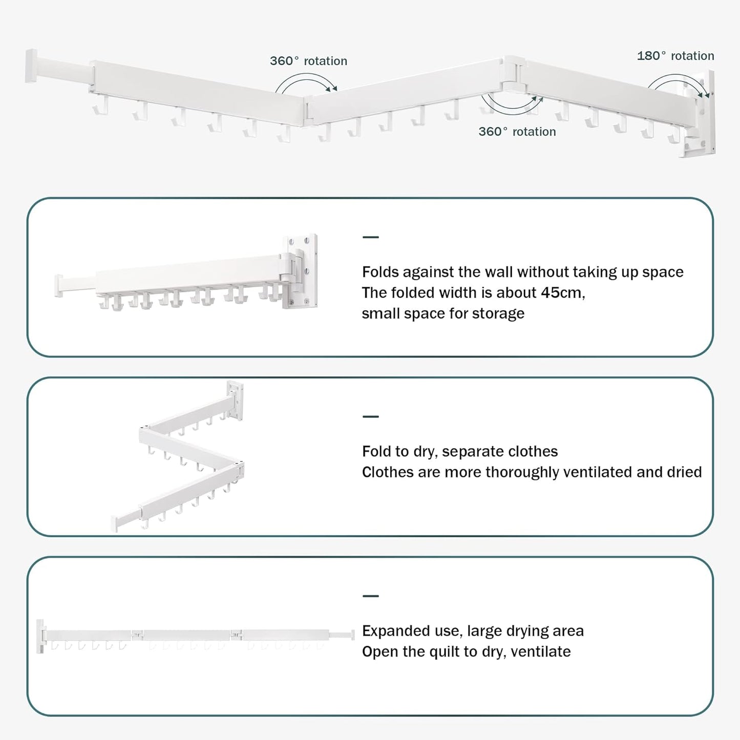 Wall Mounted Clothes Drying Rack, Collapsible, Folding, Retractable - Clothes Hanging Rack (Hooks, White)