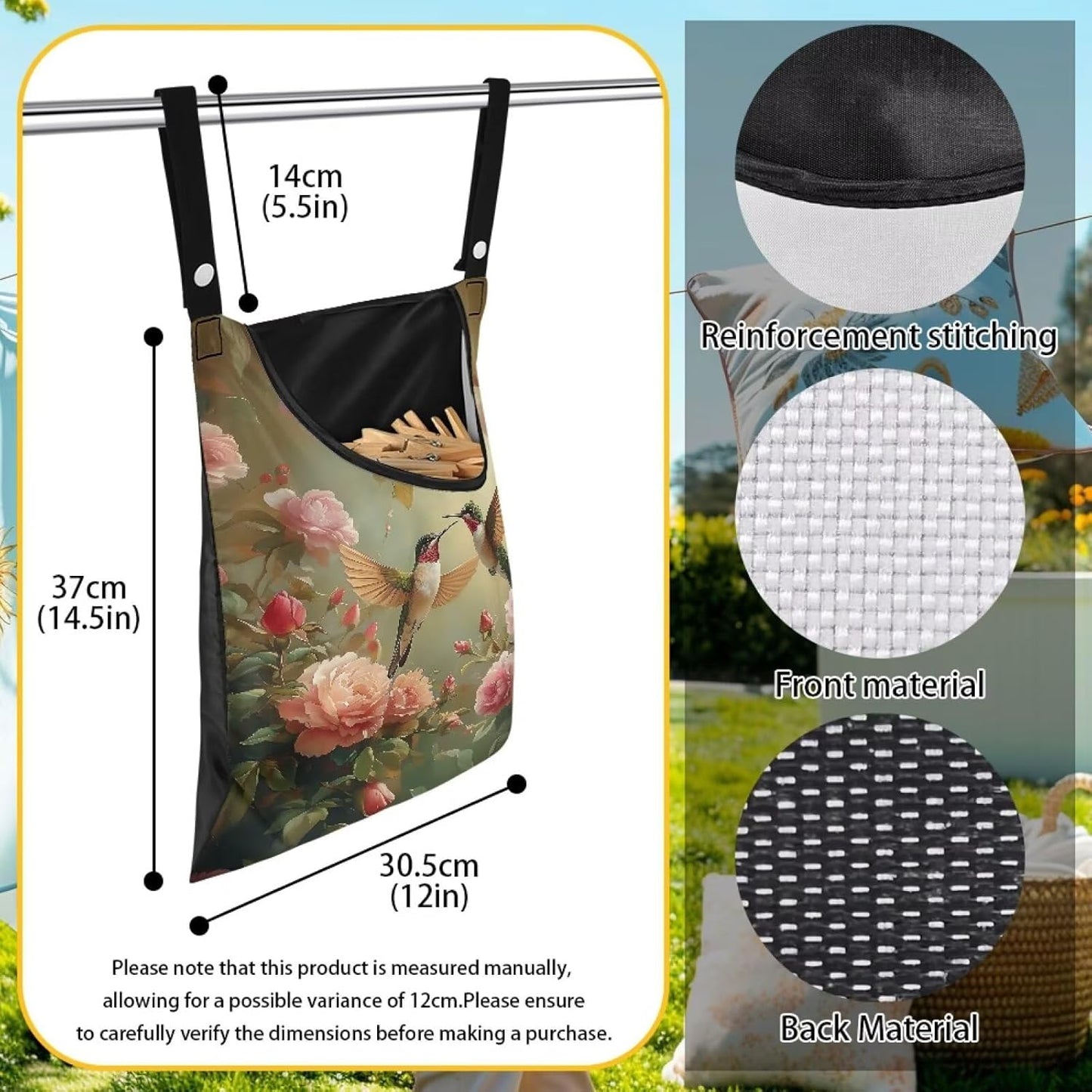 Clothespin Bag, Laundry Hanging Bag Fits Clothes Lines for Hanging Clothes Outside Balcony Bathroom Corridor Yard - Hummingbird Pattern