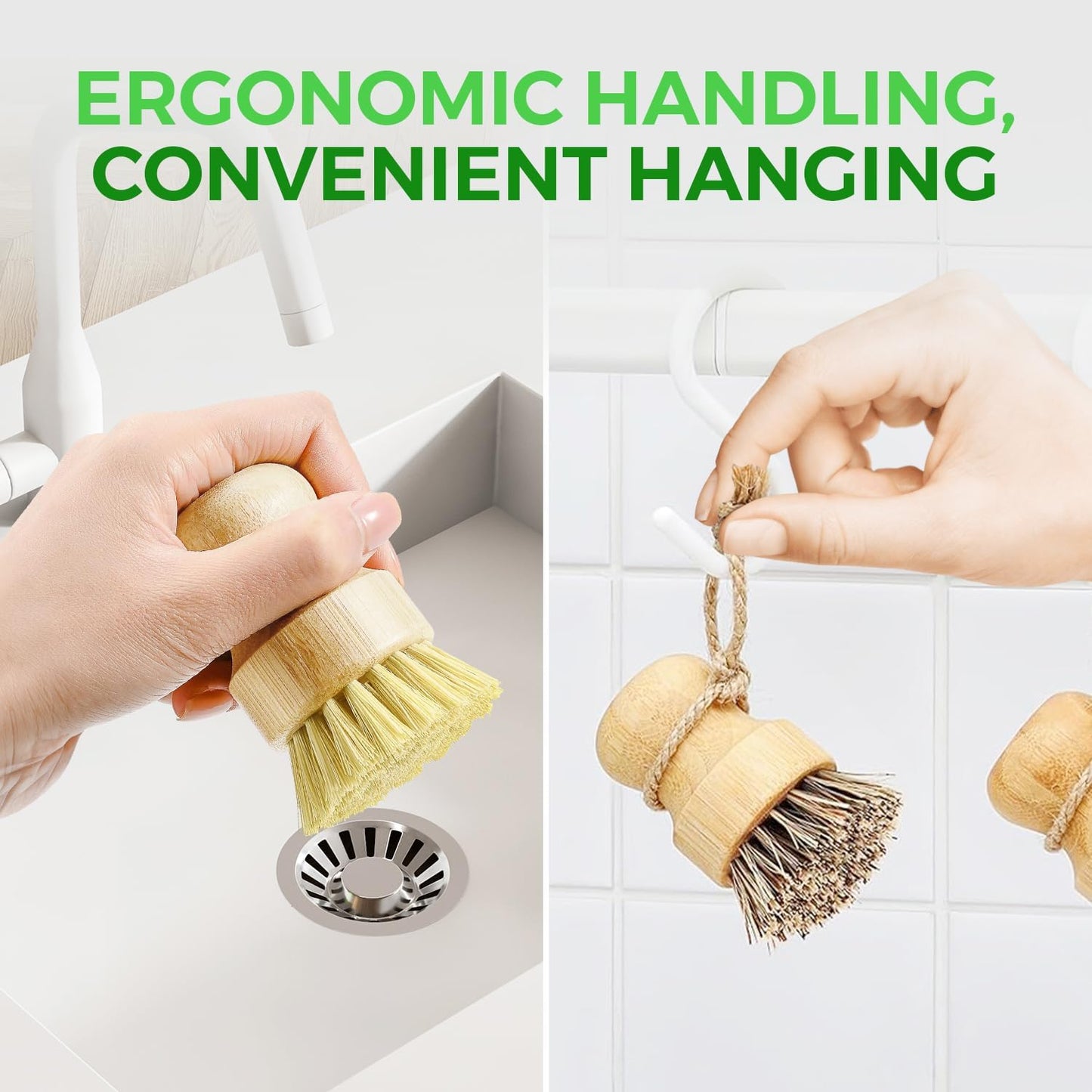 Bamboo Dish Brush Set of 3-100% Plastic Free Kitchen Scrubber with Medium Stiff Sisal and Strong Blend of Coconut Bristles - Non Scratch, Odor Free Wood Scrub for Pots, Pans and Vegetables