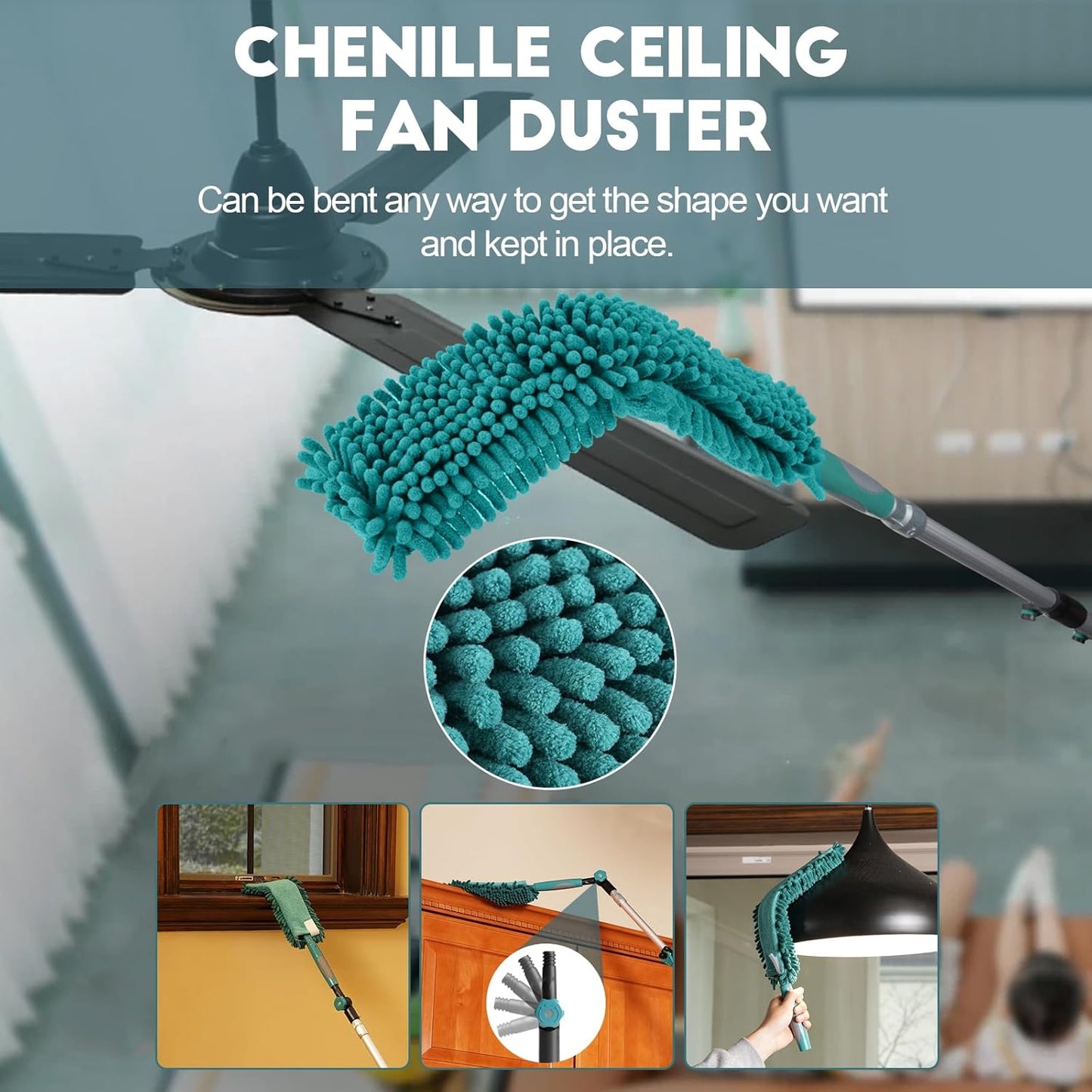 30 Foot High Reach Duster Kit with 6-24FT Extension Pole High Ceiling Dusting and Window Cleaning Kit with Telescopic Pole Window Washer&Squeegee,Cobweb Duster,Fan Duster and Feather Duster