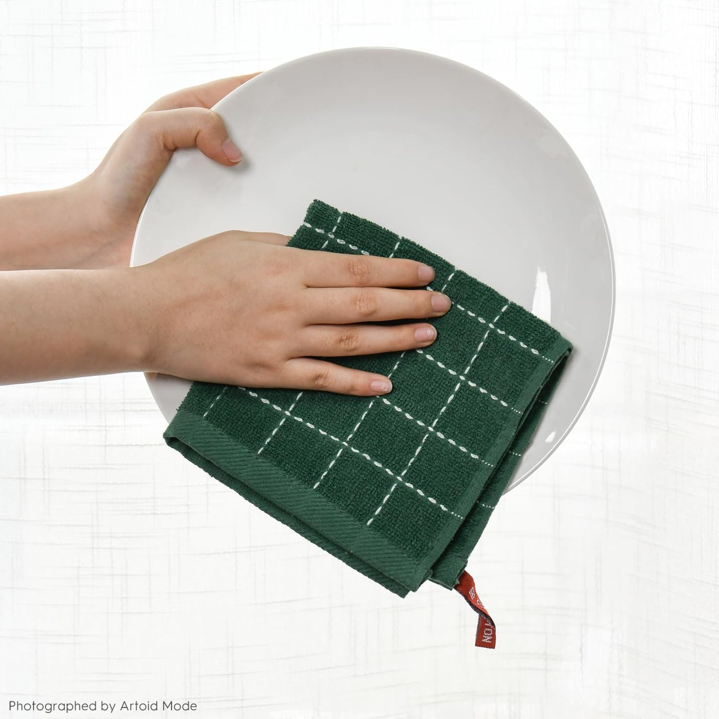 Artoid Mode Checkered Designed Cotton Green Terry Kitchen Dish Cloths, 12x12 Inch Soft Absorbent Quick Drying Cleaning Kitchen Rags Set of 6