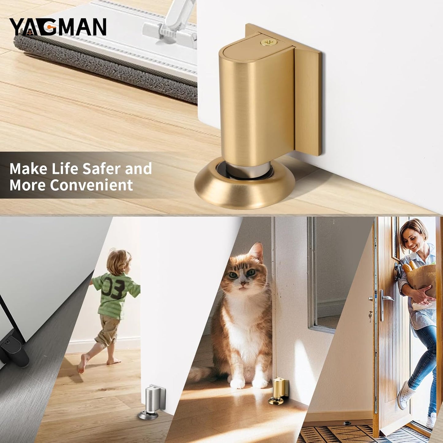 3 Pack Magnetic Door Stoppers Retractable Bottom of Door Holder No Drilling Mount Floor Door Stop with Screws and Adhesive Catch Door Keep Door Open Brushed Gold BG-3