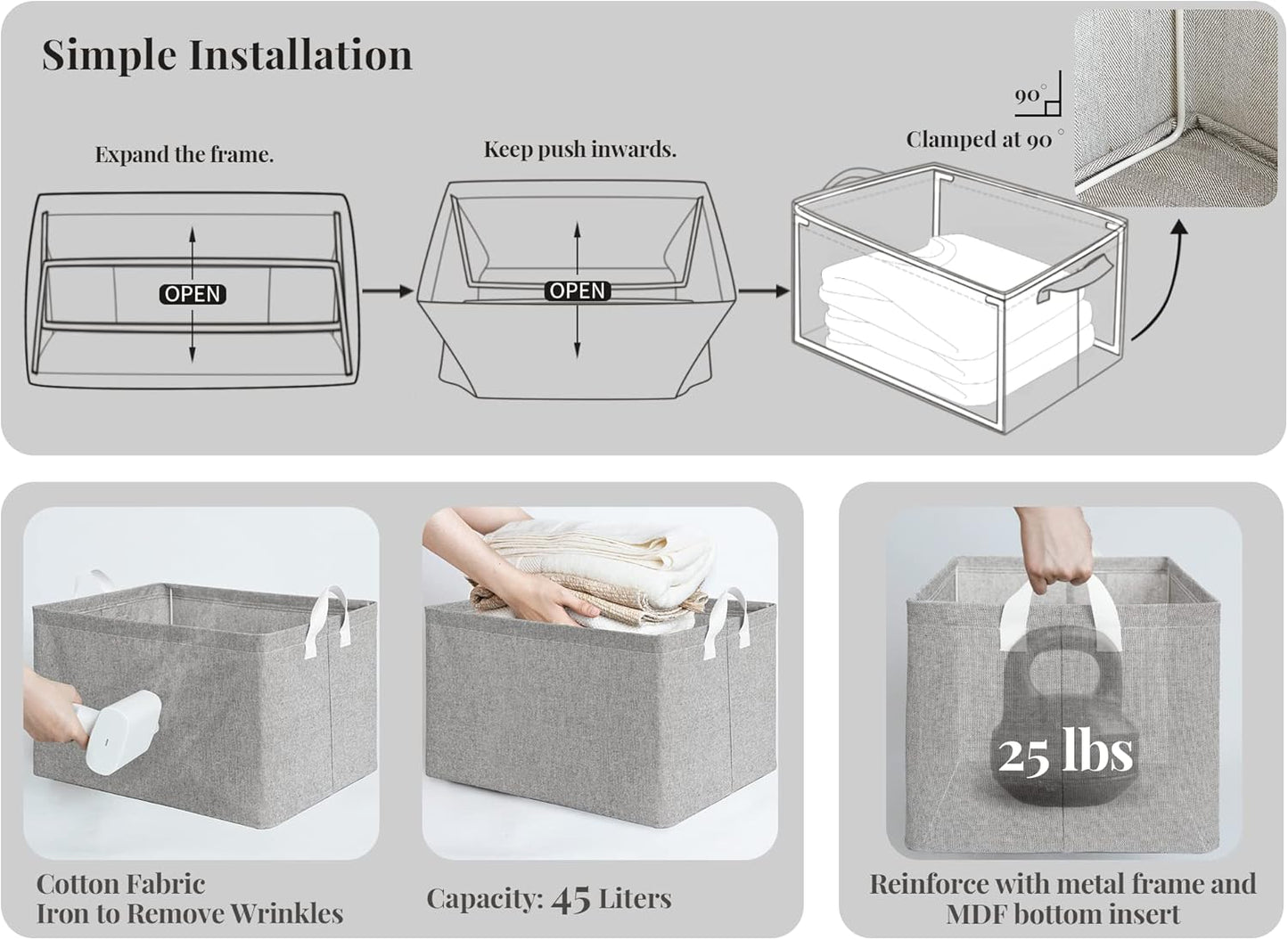StorageWorks 45L Large Storage Bins for Closet and Shelves, Fabric Organizer Baskets with Handles for Clothes, Towels, Collapsible Storage Basket, Gray, 2-Pack