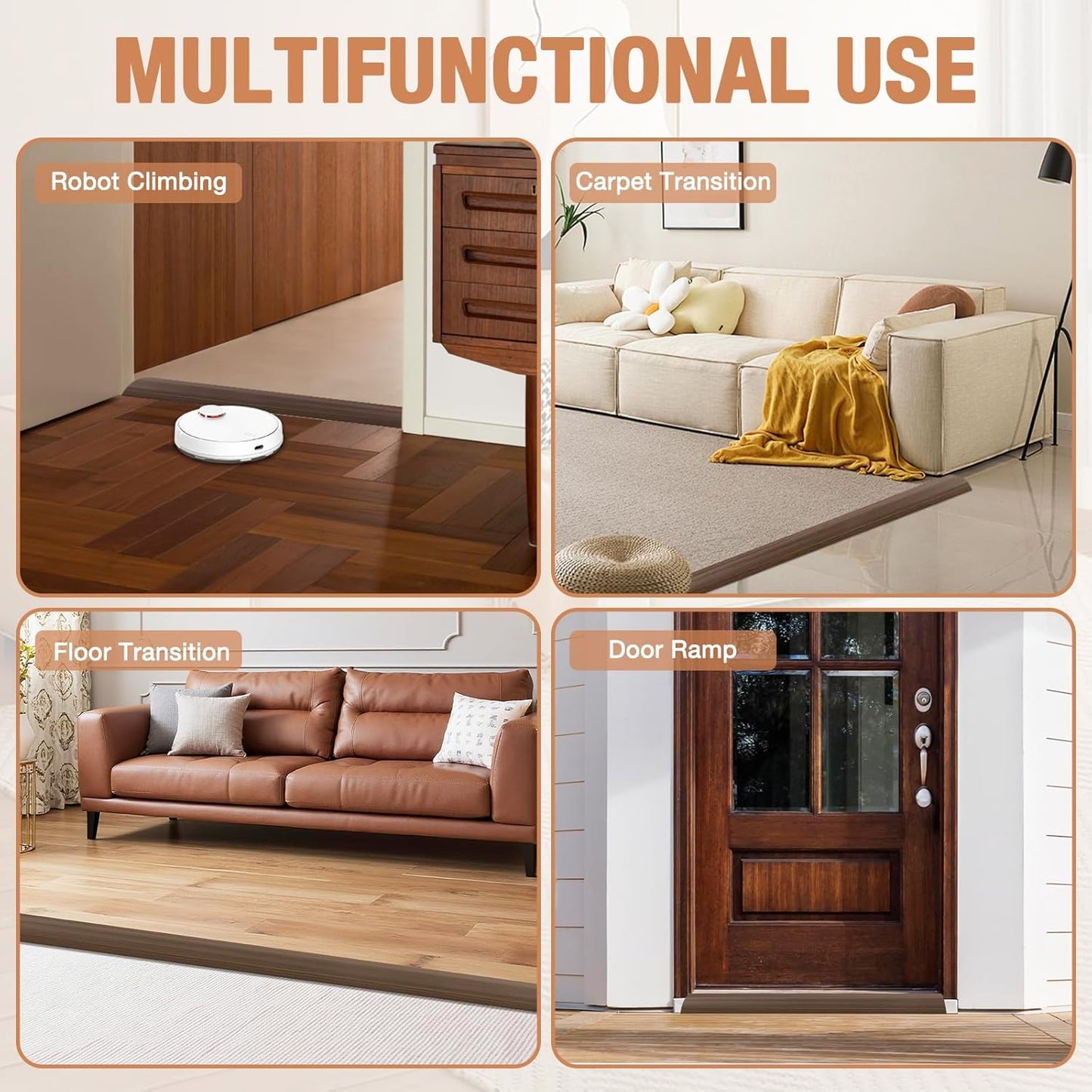 Floor Transition Strip Self Adhesive Vinyl Door Threshold for Doorways Carpet Edging Trim Overlap Edge Reducer for Laminate Floor, Carpet, Tile (Deep Brown Wood Grain, 2/5" to 3/5", 6.6Ft)