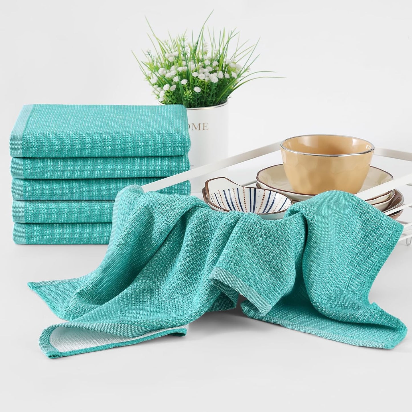 Homaxy Premium Kitchen Towels(18”x 28”, 8 Pack), Large Cotton Kitchen Hand Towels, Flat and Terry Dish Towels, 380 GSM Highly Absorbent Tea Towel Set with Hanging Loop, Teal