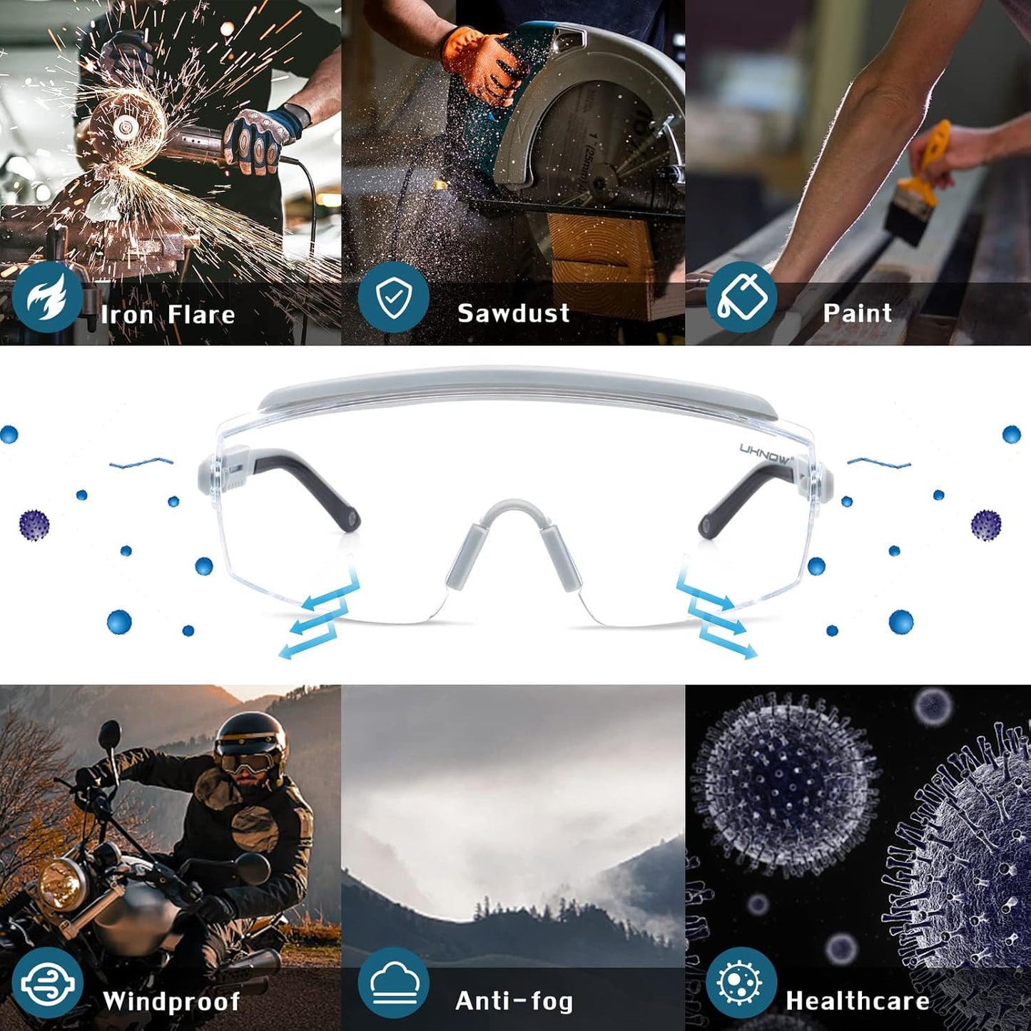 UKNOW Safety Goggles Over Glasses, Safety Glasses Anti Fog Wraparound Eye Protection, Protective Eyewear ANSI Z87.1