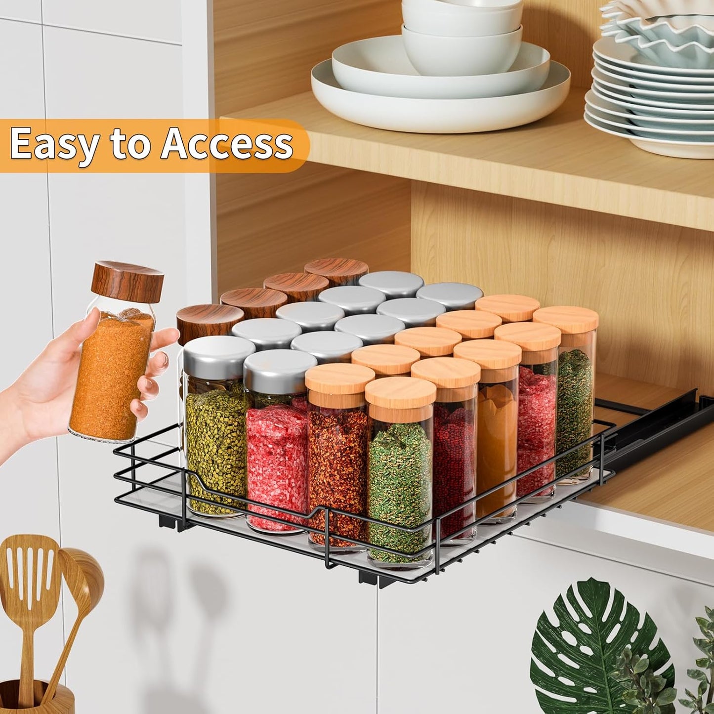 RCHYFEED Pull Out Spice Rack Organizer for Cabinet,Slide out Spice Organization for Inside Cabinets,Heavy Duty Seasoning Organizer Fits Kitchen and Pantry,Sauces,Canned (10.5''Wx10.5''Dx2.5''H)
