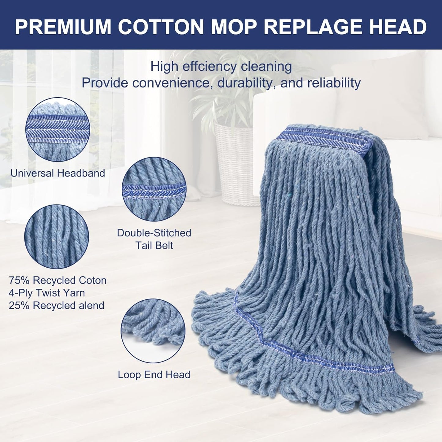 KeFanta 3 Pack Heavy Duty Commercial Mop Head Replacement,Wet Industrial Cotton Looped End String Mops Refill for Floor Cleaning,Blue