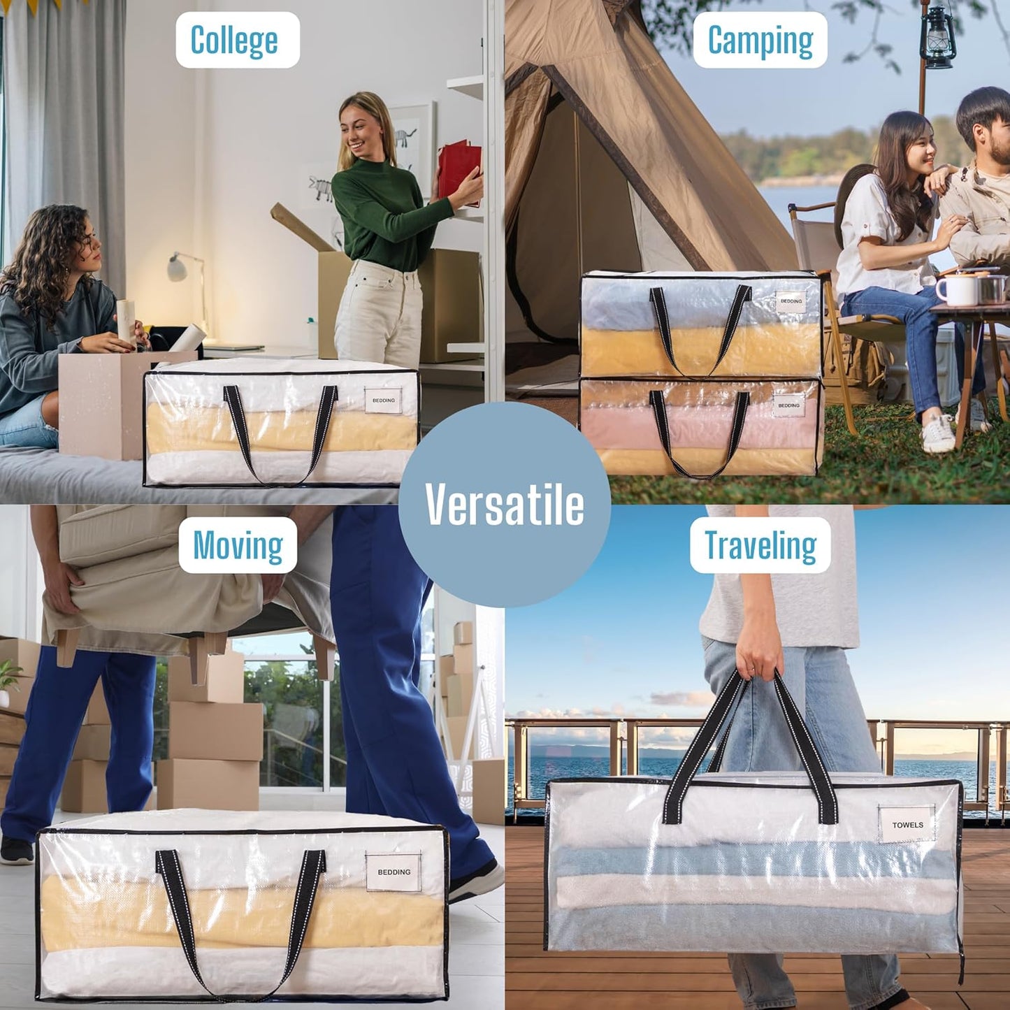 VENO 10 Pack Moving Bags Extra Large Storage Bags for College Move-In, Heavy-Duty Storage Totes, Packing Boxes, and Wardrobe Moving Supplies - Durable Laundry Bags for Clothes (Clear, 10 Pack)