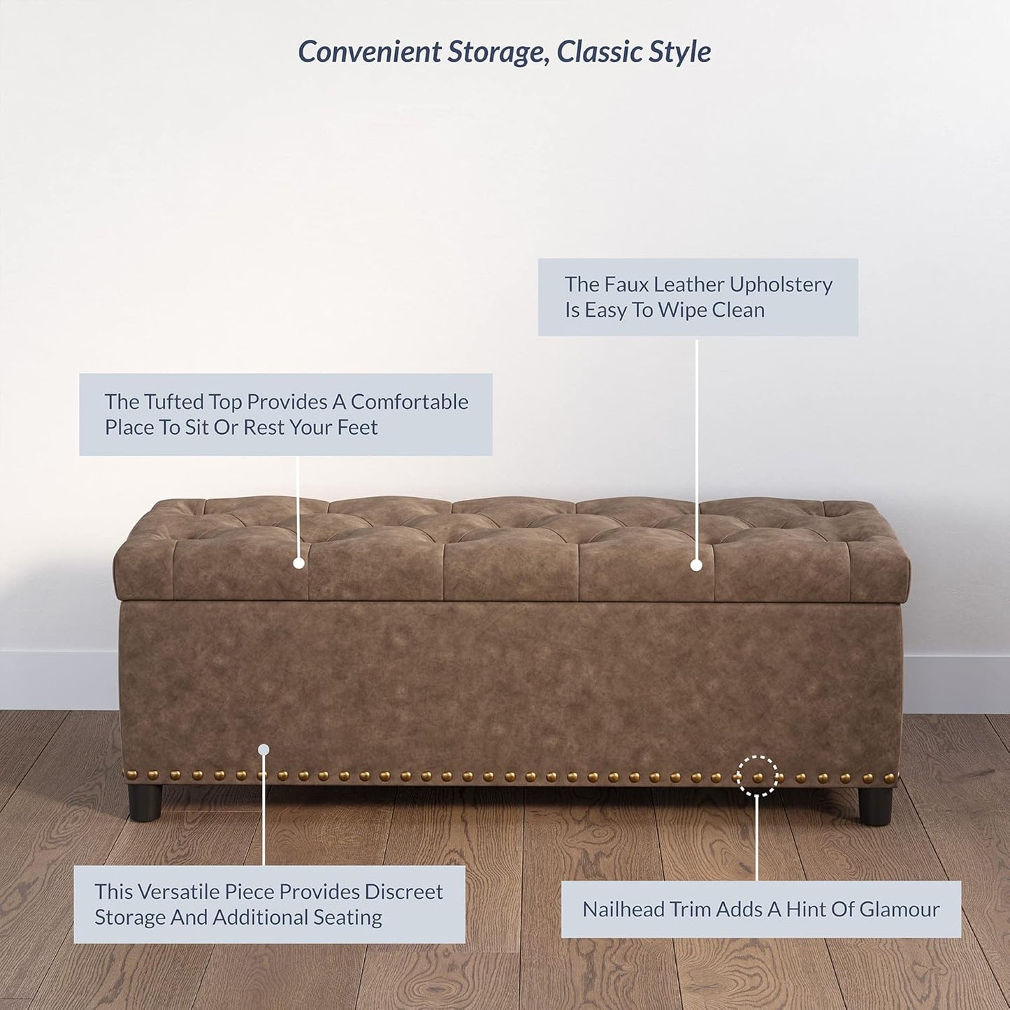 BELLEZE 47" Storage Ottoman, Storage Bench with Safety Close Hinge, Faux Leather Button-Tufted Ottoman for Living Room, Entryway, Hallway, Foot Rest, Support 300lbs - Rustic Brown