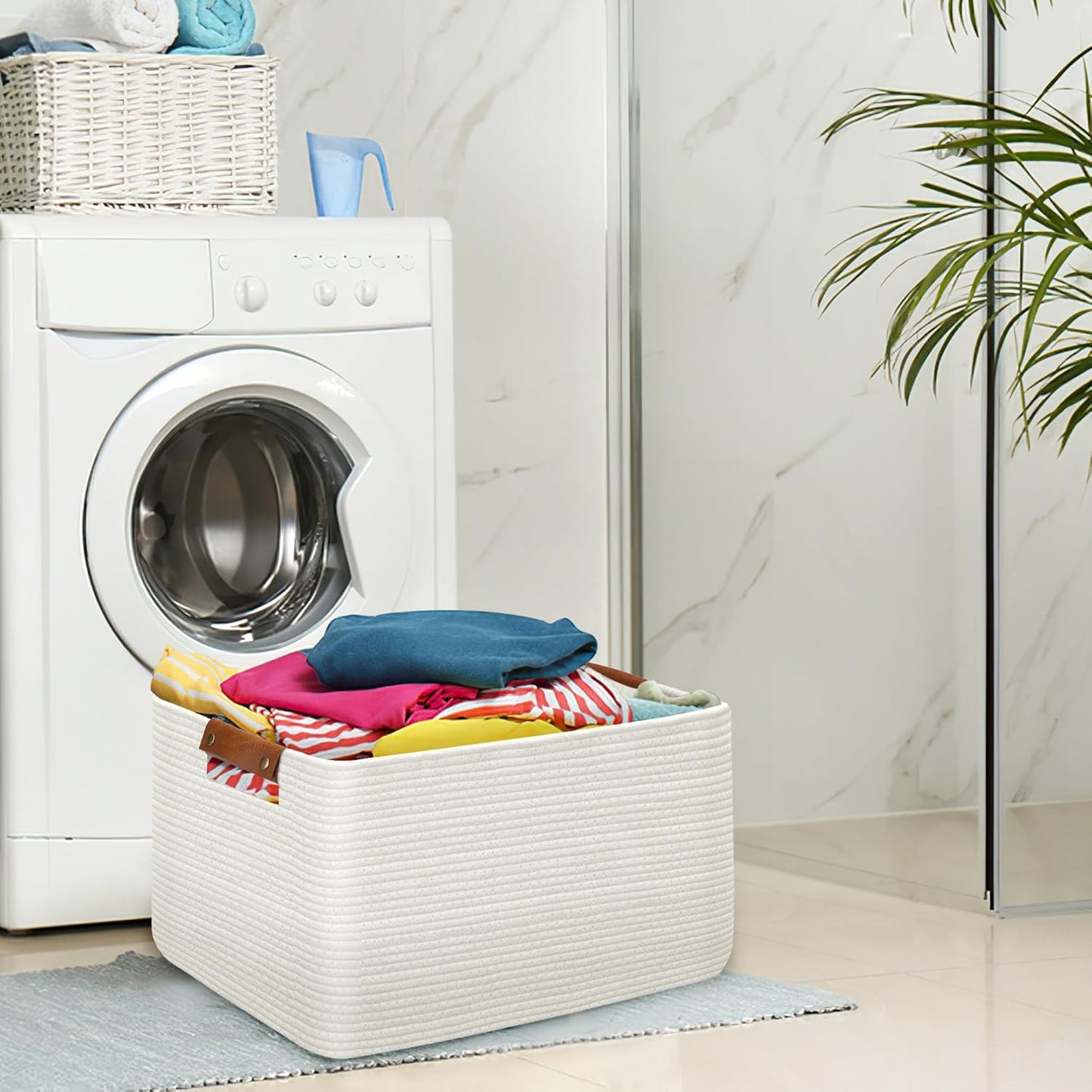 Large Collapsible Laundry Basket, Clothes Hamper for Blanket, Toy, Towels, Woven Baskets for Storage, Nursery Home Decor Living room 21.6" x 15" x 11.8" White