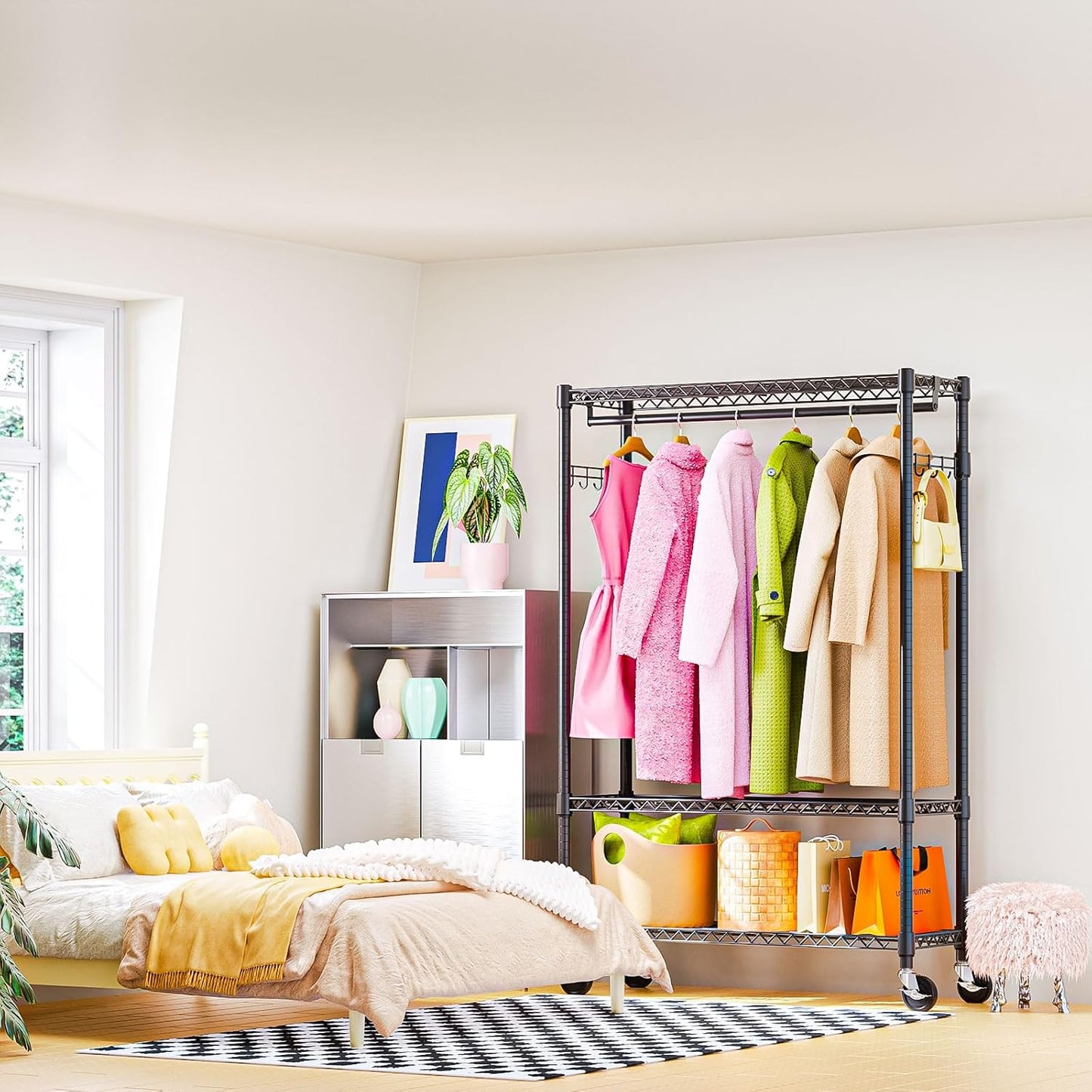 Heavy Duty Rolling Garment Rack 3 Tiers Adjustable Wire Shelving Clothes Rack with 1 Rods and Side Hooks,Storage Closet Clothing Rack with Wheels Black 15.7" D x 45.3" W x 75.6" H